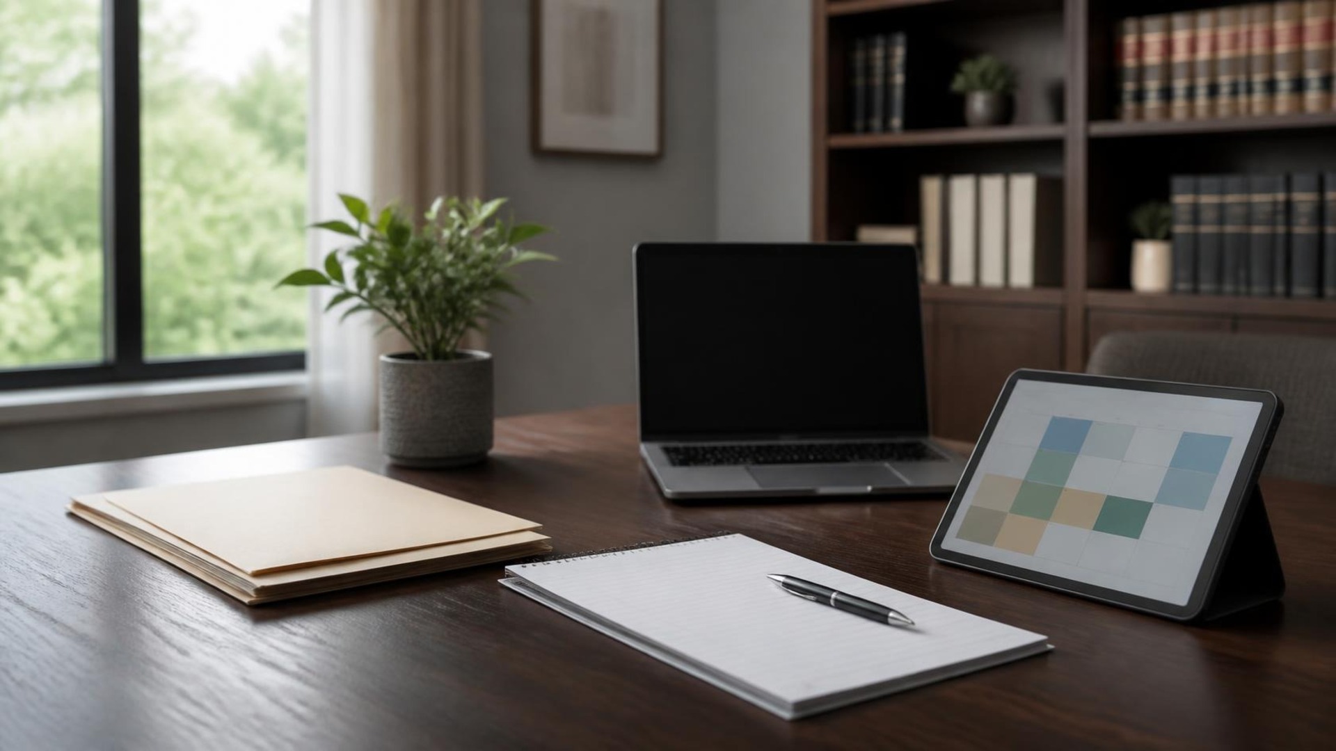 Quiet law firm consultation desk in soft daylight with blank manila folders, spiral notepad and pen, open laptop with blank screen, tablet showing a color-blocked calendar grid, and small plant; bookshelf and window behind, no people, no scales of justice