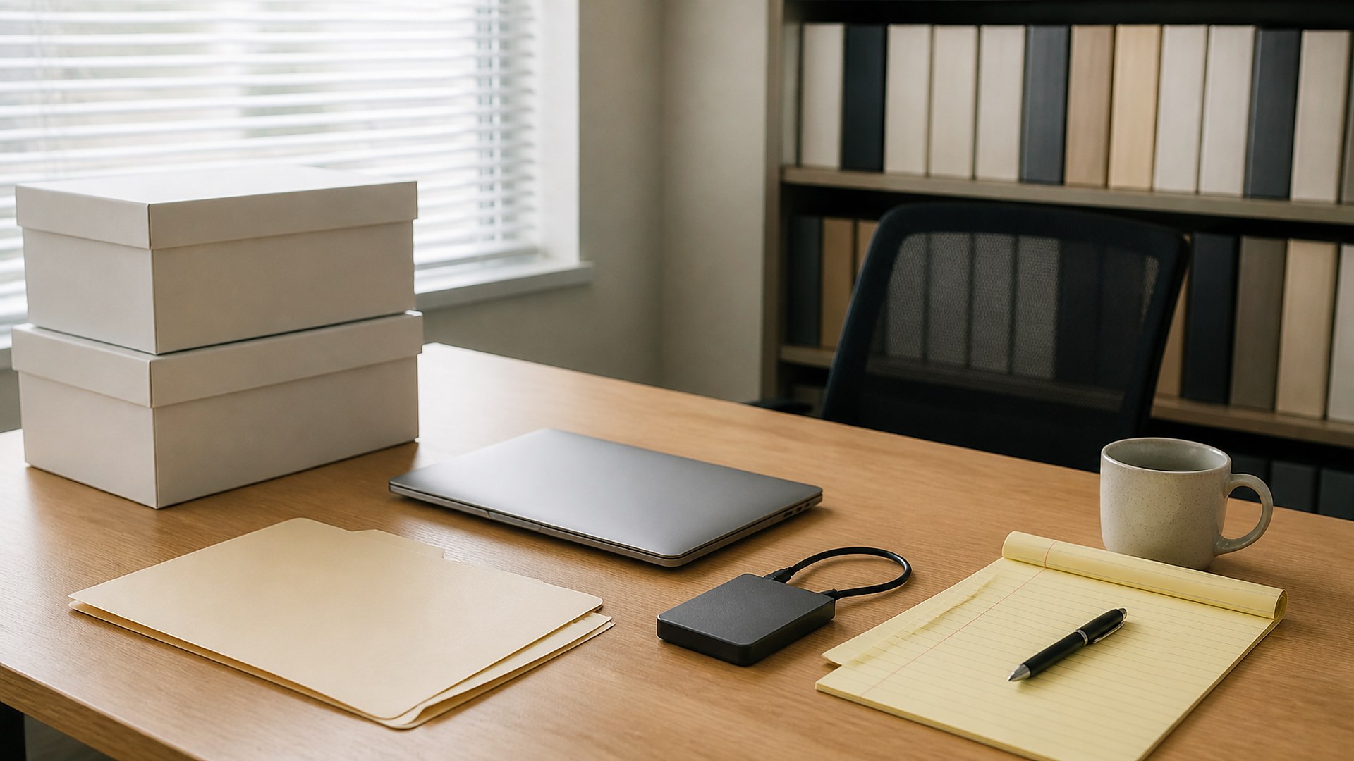 Sala de trabajo tranquila de un despacho de abogados pequeño con luz suave de día: una mesa de roble claro con dos cajas blancas lisas para documentos apiladas, una laptop plateada cerrada, una carpeta manila lisa, un pequeño disco externo negro con su cable, una libreta amarilla tamaño legal con una pluma negra y una taza de cerámica jaspeada; una silla de oficina oscura de malla vacía, repisas con carpetas lisas sin etiquetas y una ventana con persianas blancas desenfocadas al fondo; sin personas, sin logos, sin texto legible