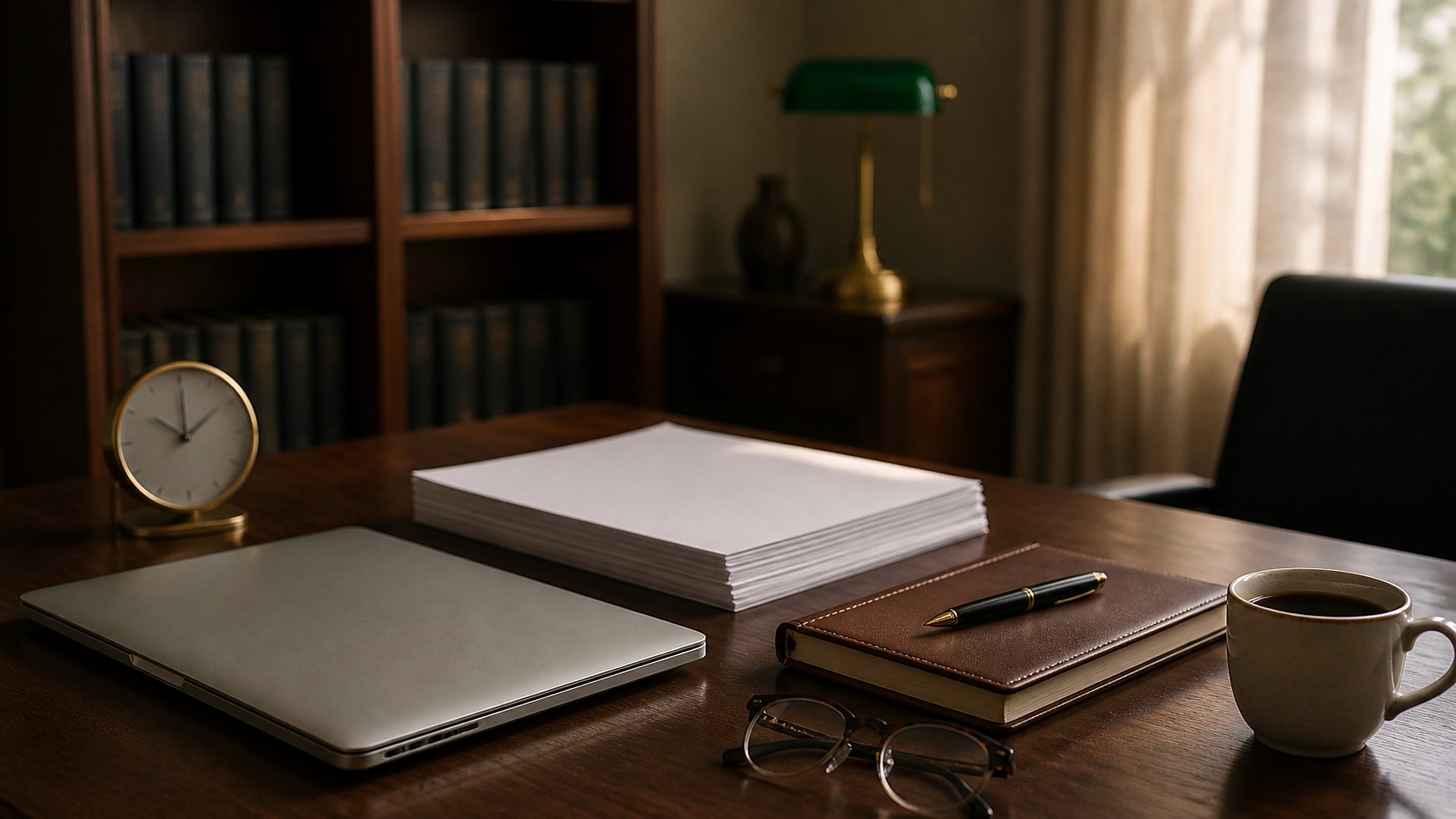 Escritorio tranquilo de un pequeño despacho de abogados con luz cálida de media tarde: una laptop plateada cerrada sin logo, una pila ordenada de hojas blancas en blanco, una libreta de piel café cerrada con una pluma negra y dorada encima, unos lentes de lectura, una taza de café negro y un reloj de escritorio de latón con marcas y sin números sobre un escritorio de nogal oscuro; al fondo, desenfocados, libreros oscuros con tomos encuadernados lisos, una lámpara verde de banquero y una ventana con cortinas delgadas; sin personas, sin logos, sin texto legible