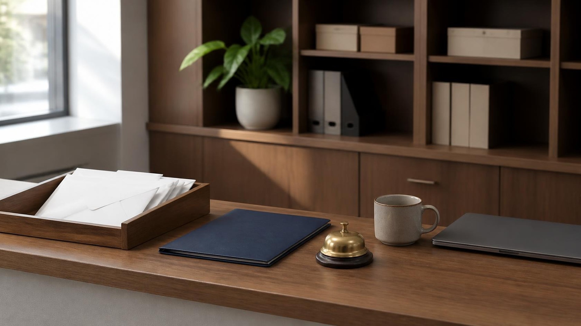 Quiet law-office front counter in soft afternoon window light: a walnut in-tray holding a few blank white envelopes, a closed navy folder with no label, a small brass desk bell, a speckled ceramic mug, and a closed gray laptop; walnut shelving with unlabeled binders, plain storage boxes, and a potted plant softly blurred behind; no people, no logos, no readable text, no money or documents