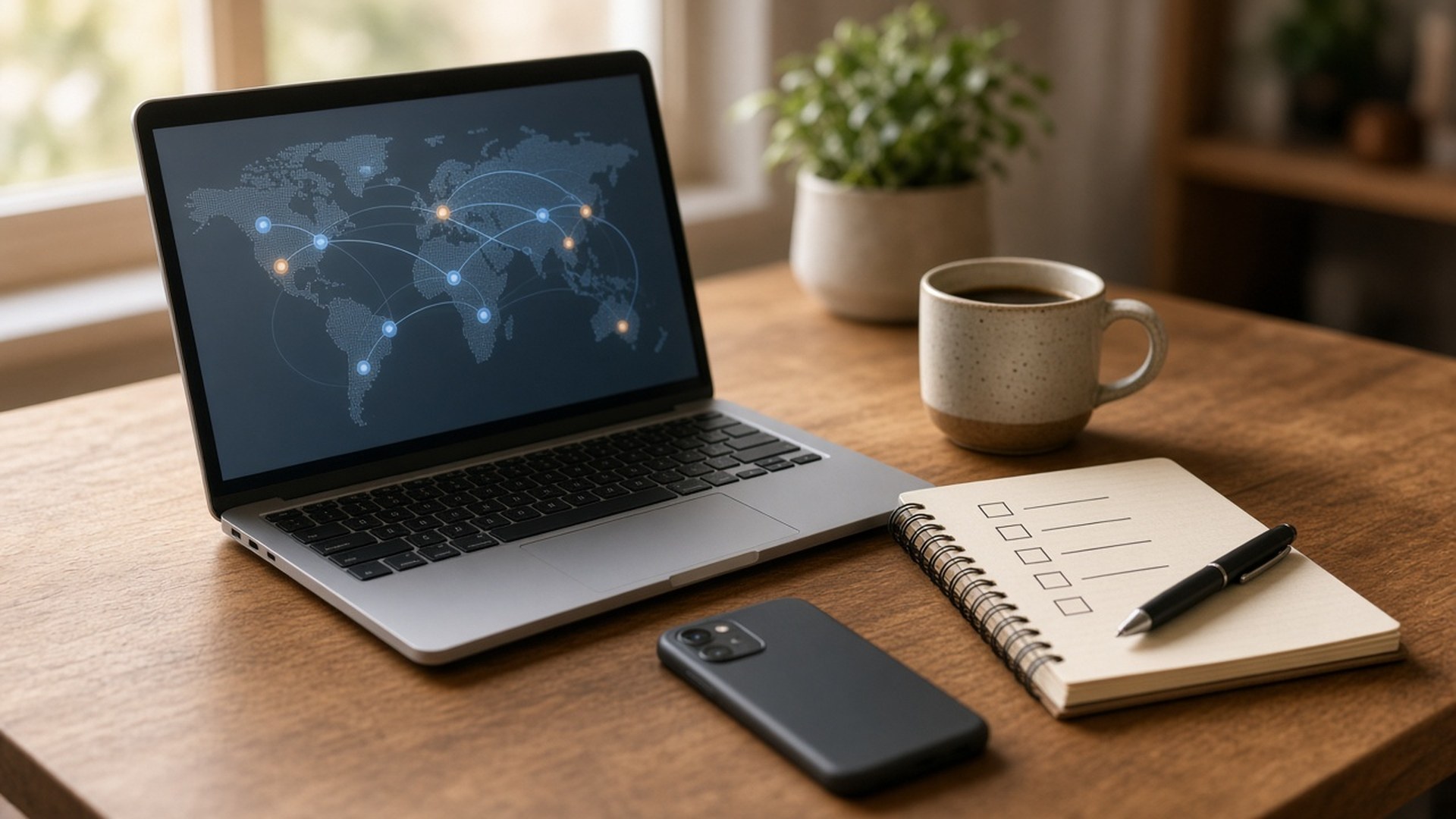 Escritorio de madera cálido con una laptop abierta mostrando un globo de red abstracto suave con nodos azules y ámbar, cuaderno espiral con lista y pluma, smartphone y taza de café