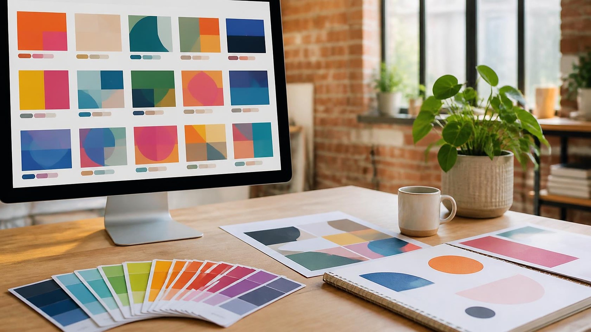 Bright small creative studio worktable in warm daylight: a large monitor showing an abstract grid of colorful thumbnail tiles in solid color blocks and simple geometric shapes, each with small colored tag pills underneath; a fan of blank paint swatch cards, printed abstract color-block proofs, a spiral sketchbook with simple shapes, a ceramic mug, and a leafy potted plant; exposed brick and a tall window softly blurred behind; no people, no logos, no readable text