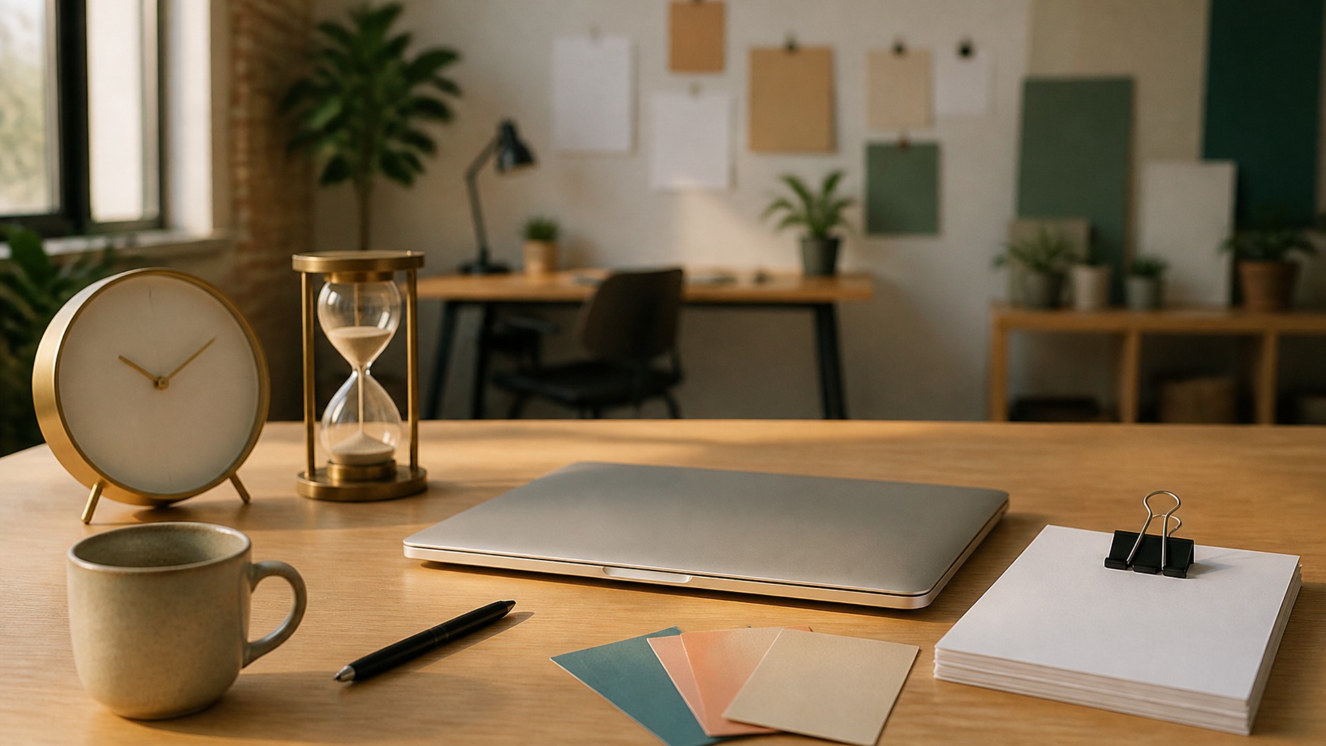 Creative agency studio desk in warm late-afternoon light: a brass desk clock with a blank face and no numbers, a brass hourglass with sand running, a closed silver laptop with no logo, a stack of blank white paper held by a black binder clip, muted teal, coral, and sand color swatch cards with no text, a black pen, and a ceramic mug; blurred studio behind with plants and blank pinned mood boards; no people, no logos, no readable text