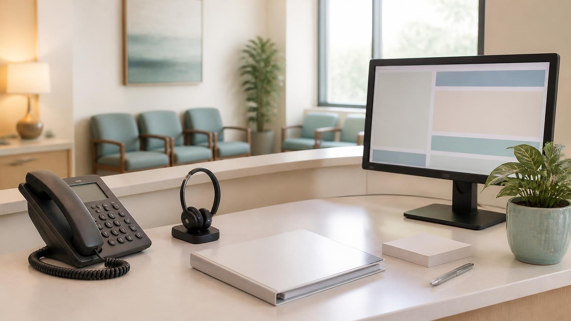Empty, bright medical office reception desk in soft morning light with a black desk phone, a wireless headset on a stand, a closed white binder, a small stack of blank note cards, a pen, a potted plant, and a monitor showing abstract pale blue and beige blocks; teal waiting-room chairs and a window blurred behind; no people, no logos, no readable text
