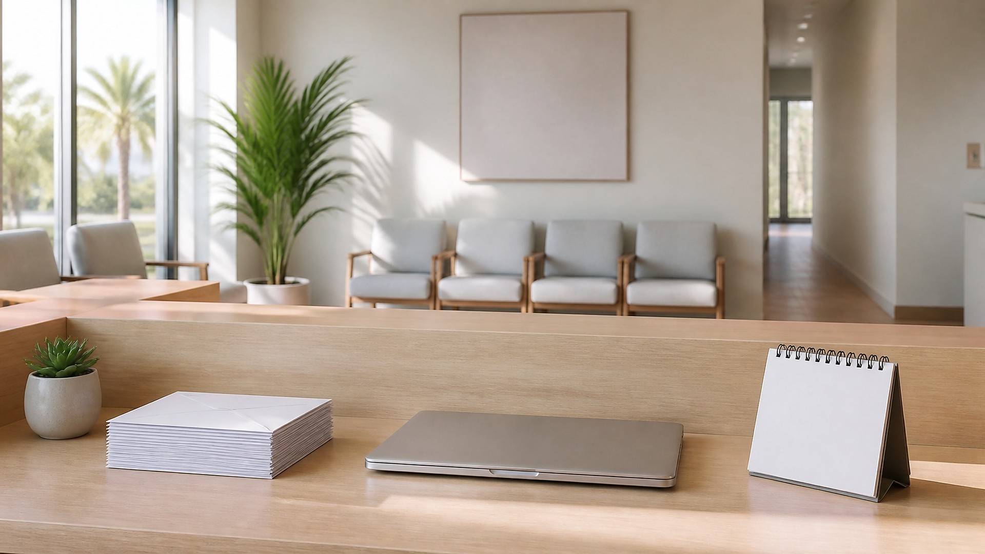Área de recepción luminosa y vacía de un consultorio médico: un mostrador de madera clara con una pila de sobres blancos en blanco, una laptop cerrada, un calendario de escritorio de espiral en blanco y una suculenta pequeña; una fila de sillas de espera gris claro, un panel enmarcado en blanco en la pared, una palmera alta en maceta y una ventana con palmeras afuera; sin personas, sin logos, sin texto legible