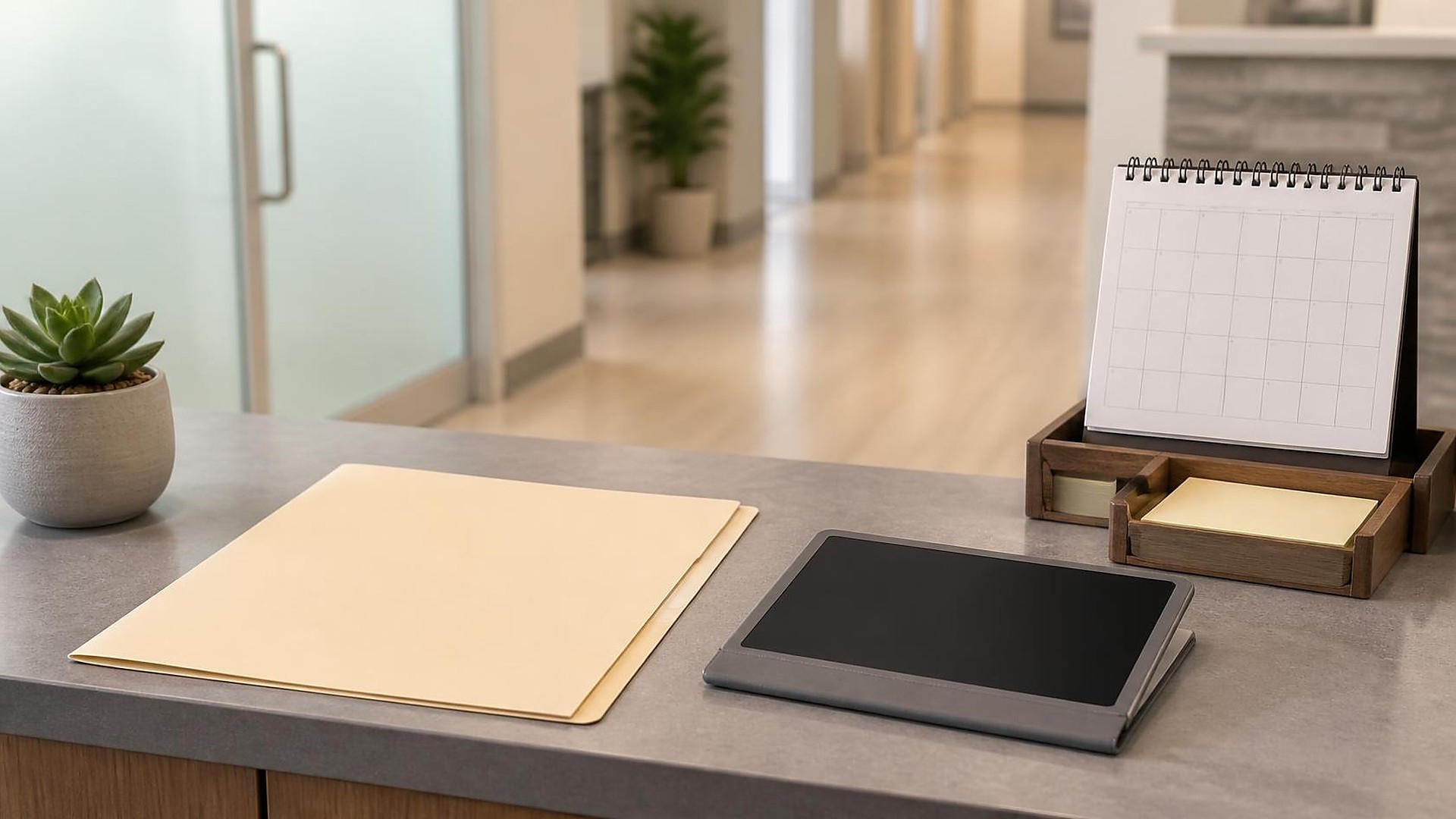 Mostrador limpio de recepción médica con luz natural suave: carpeta manila cerrada en blanco, funda de tableta gris lisa cerrada con pantalla oscura en blanco, organizador de madera con notas adhesivas amarillas en blanco y un calendario de escritorio espiral con cuadros de fecha vacíos (sin números); pasillo y puerta de vidrio esmerilado desenfocados al fondo; sin personas, sin logos, sin texto legible