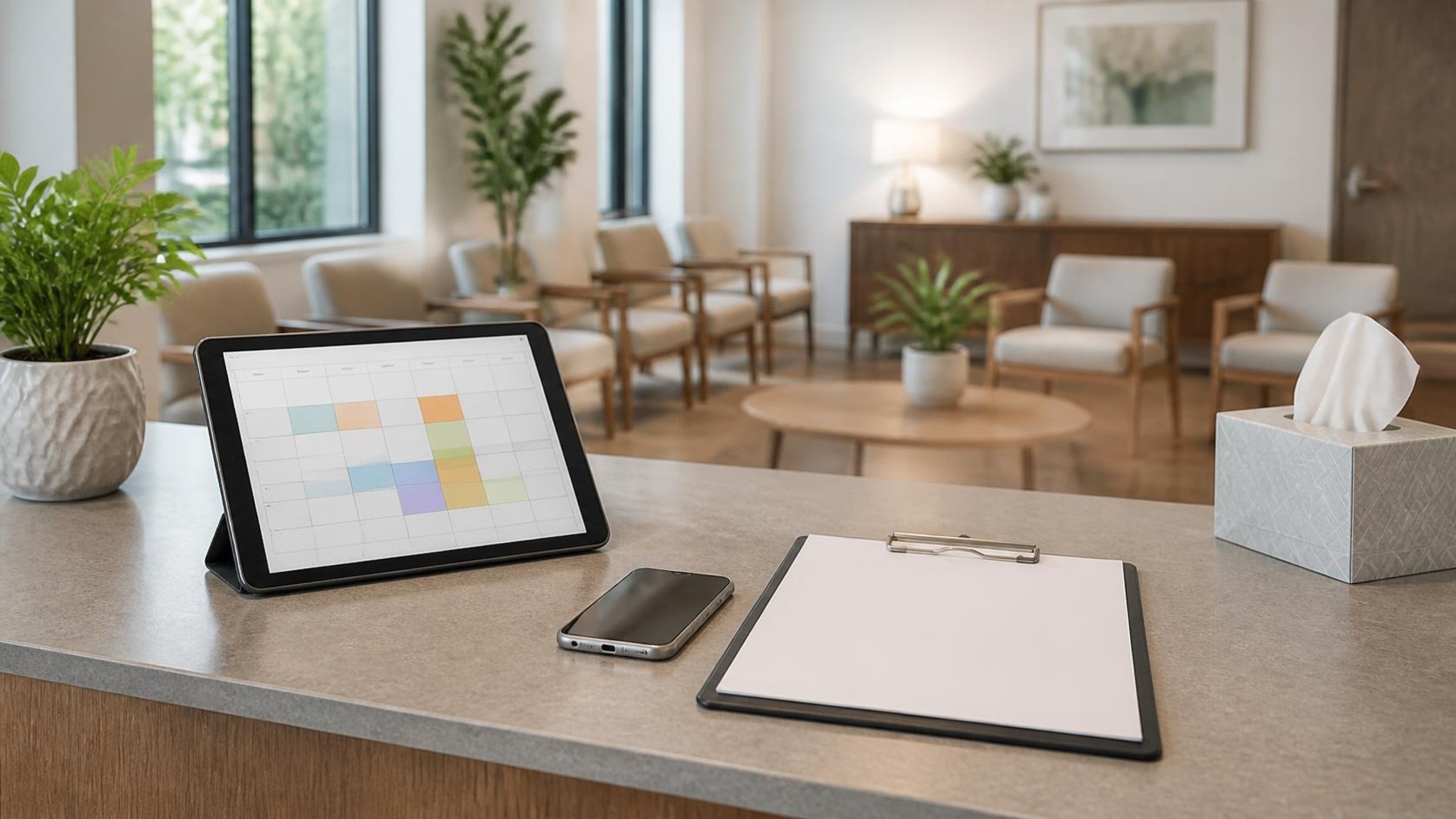 Recepción vacía de un consultorio médico a la luz suave del día, con una tableta que muestra un calendario de citas por bloques de color, un portapapeles en blanco, un teléfono boca abajo, una caja de pañuelos y una planta pequeña; sillas suaves de sala de espera y ventanas al fondo, sin personas