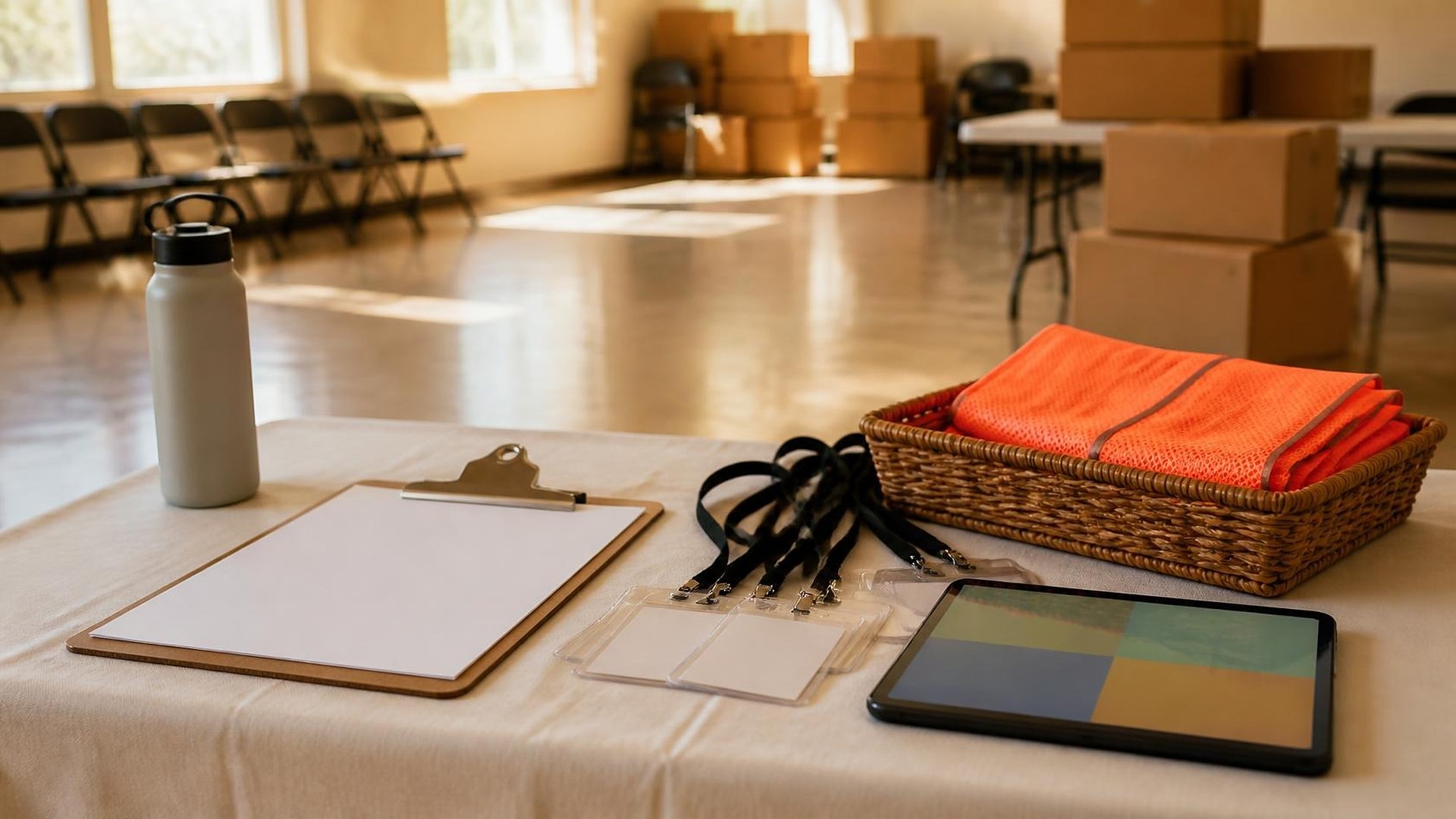 Mesa de registro de voluntarios en un centro comunitario con luz cálida de la tarde: tabla con sujetapapeles y hoja en blanco, gafetes con cordón en blanco, una canasta de mimbre con chalecos de seguridad naranjas lisos y doblados, una tableta que muestra solo bloques de color abstractos y una botella de agua blanca; al fondo, sillas plegables y cajas de cartón sin etiquetas desenfocadas en un salón soleado; sin personas, sin logos, sin texto legible
