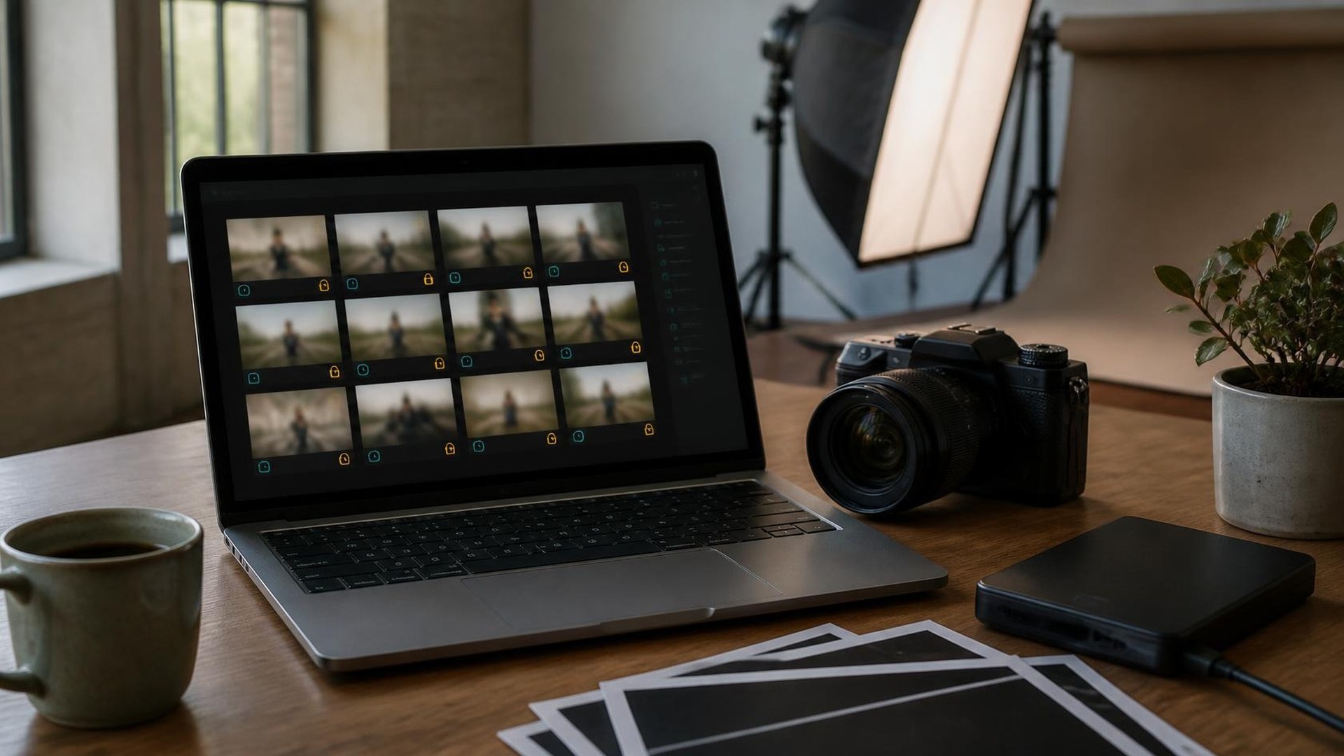 Photography studio editing desk in soft window light with a laptop showing a grid of blurred photo thumbnails marked with small lock and clock icons, a mirrorless camera, an external hard drive, face-down prints, a coffee mug, and a potted plant; softbox and backdrop roll blurred behind; no people in focus, no logos, no readable text