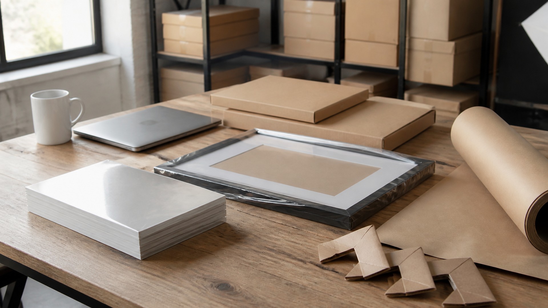 Photography studio packing table in soft daylight: a stack of blank white photo prints, a framed print in a clear protective sleeve with a blank mat, flat kraft mailer boxes, a roll of brown packing paper, cardboard corner protectors, a closed silver laptop, and a white mug; shelves of plain kraft boxes behind; no people, no logos, no readable text