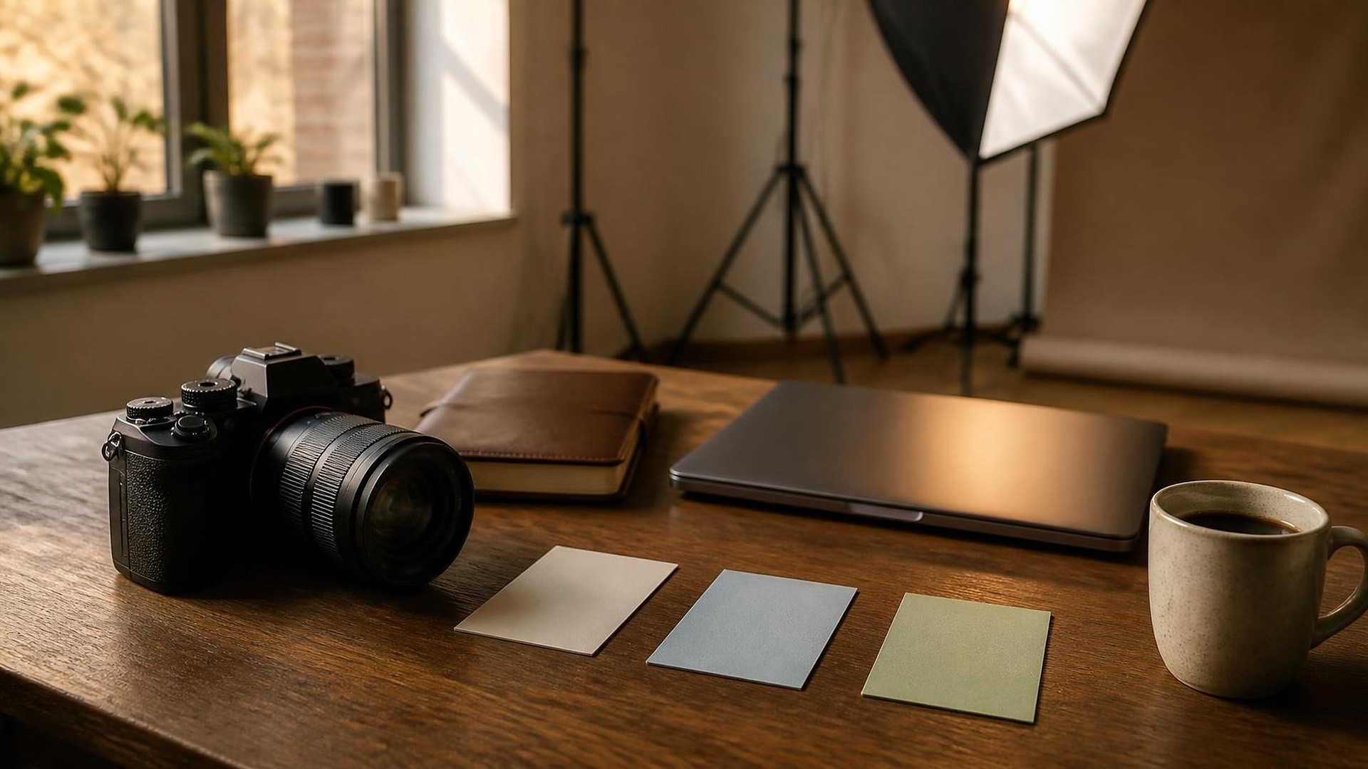 Escritorio de un estudio fotográfico con luz cálida de tarde por la ventana: cámara sin marca con lente junto a una agenda de piel café cerrada, tres pequeñas tarjetas de papel en blanco alineadas como pasos en crema, azul suave y verde salvia, una laptop cerrada y una taza de café de cerámica; al fondo, tripiés de iluminación, un softbox y un fondo de papel desenfocados; sin personas, sin logos, sin texto legible