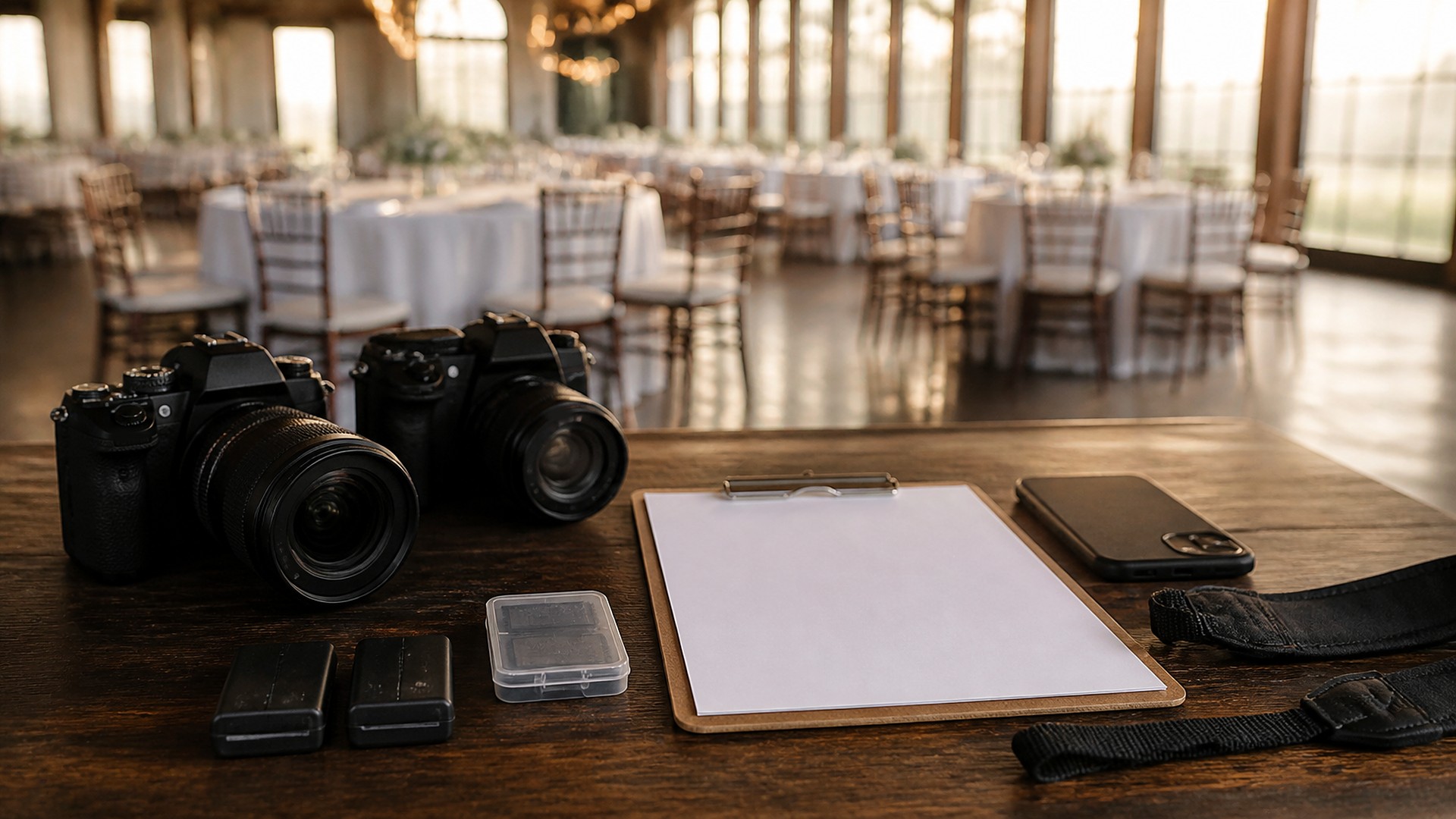 Dark wood table in an empty event venue in warm late-afternoon light: two black mirrorless cameras without logos, one with a zoom lens and one with a prime lens, two spare batteries, a clear memory card case, a blank white sheet on a wooden clipboard, a smartphone face down and a black camera strap; in the soft background, round banquet tables with white linens, wooden chairs, chandeliers and tall windows; no people, no logos, no readable text