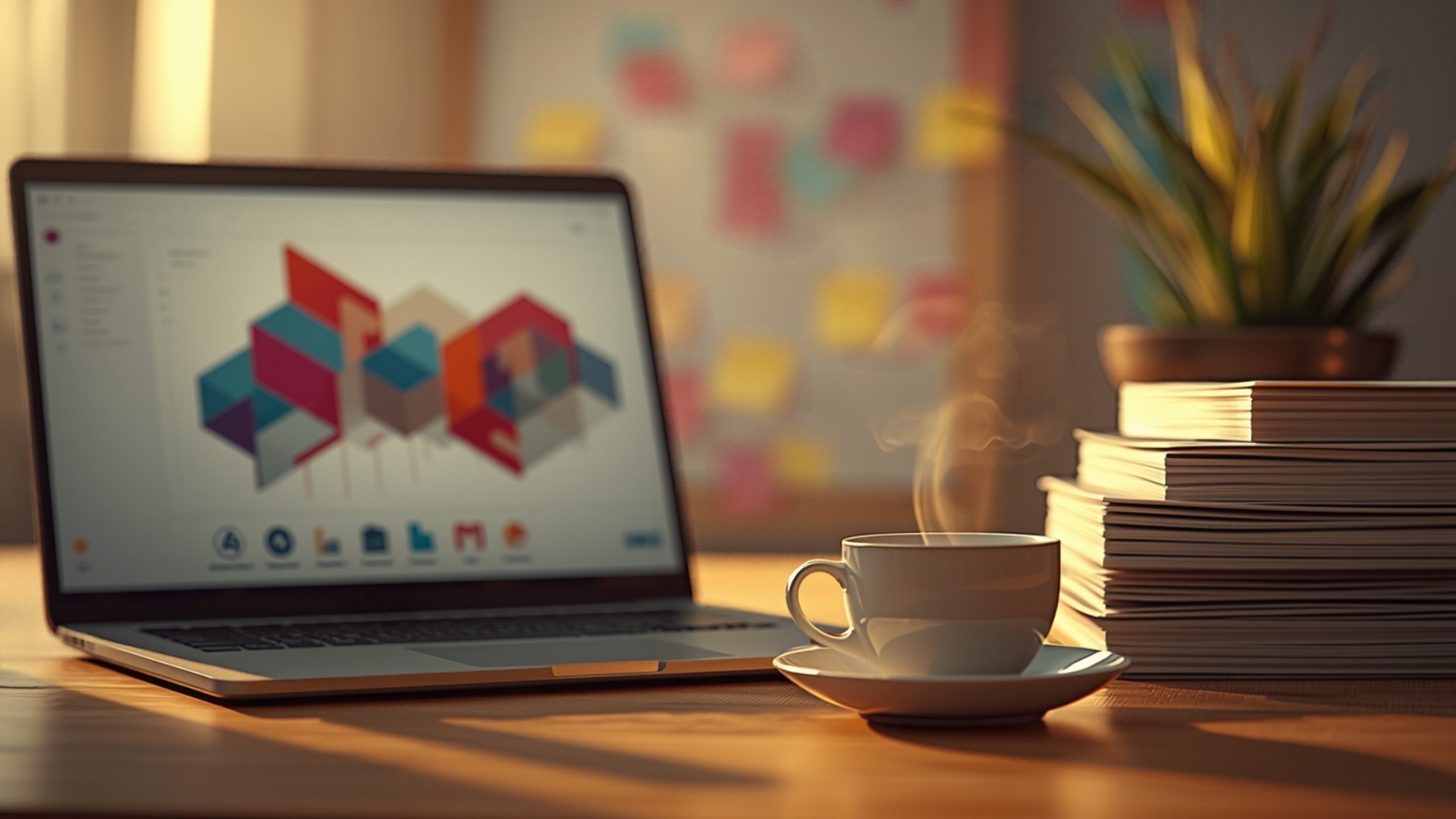Product strategy desk with laptop, sticky-note board softly blurred, and stacked binders under warm coworking light