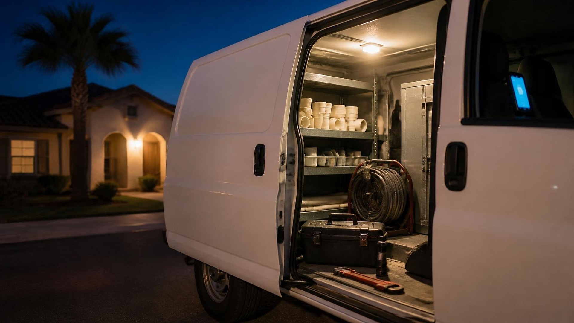 Plain white unmarked service van at dusk on a quiet South Texas residential street, side door open and interior light on: metal shelves of white pipe fittings, a coiled drain-cleaning cable on a red reel, a black toolbox, a red pipe wrench, and a flashlight on the van floor, with a phone glowing blue near the cab; a tan stucco house with porch light and a palm tree against a deep blue evening sky; no people, no logos, no readable text