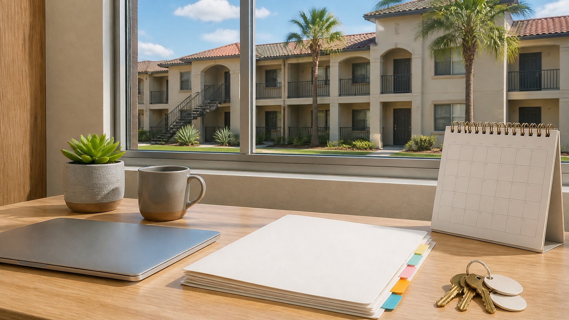 Escritorio iluminado por el sol en una oficina de arrendamiento: una laptop cerrada, una pila de carpetas blancas en blanco con pestañas de colores, un calendario de escritorio de espiral en blanco, un llavero con llaves doradas y etiquetas redondas en blanco, una taza gris y una suculenta en maceta; por la ventana, un edificio de departamentos de dos pisos con techos de teja roja, balcones, palmeras y cielo azul; sin personas, sin logos, sin texto legible