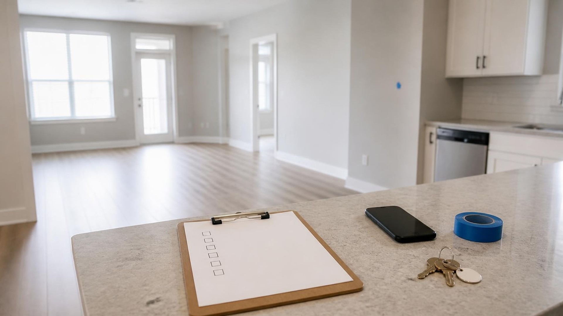 Empty, freshly cleaned rental apartment in soft morning light: light gray walls, light oak floors, white kitchen cabinets and a stainless dishwasher; on a stone kitchen counter in the foreground, a wooden clipboard with blank paper showing only empty checkbox squares, a smartphone with a dark screen, a roll of blue painter's tape, and a ring of brass keys with a blank round tag; a small blue tape mark on a wall in the background; no people, no logos, no readable text