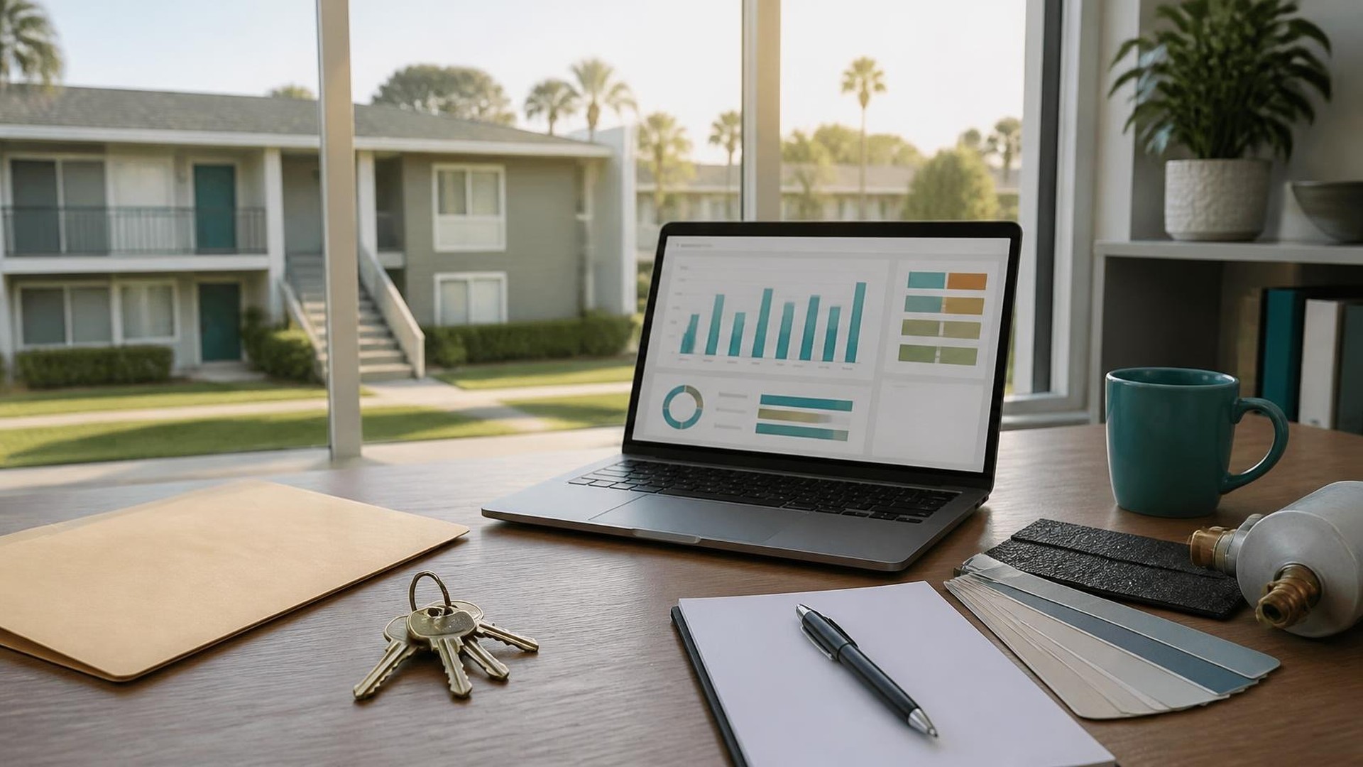 Property management office desk by a large window overlooking a two-story apartment building with palm trees in soft morning light; a laptop showing an abstract dashboard of teal bar charts and colored blocks, a manila folder, a ring of brass keys, a blank notepad with a pen, a paint swatch fan, a roofing shingle sample, a plumbing fitting, and a teal mug; no people, no logos, no readable text