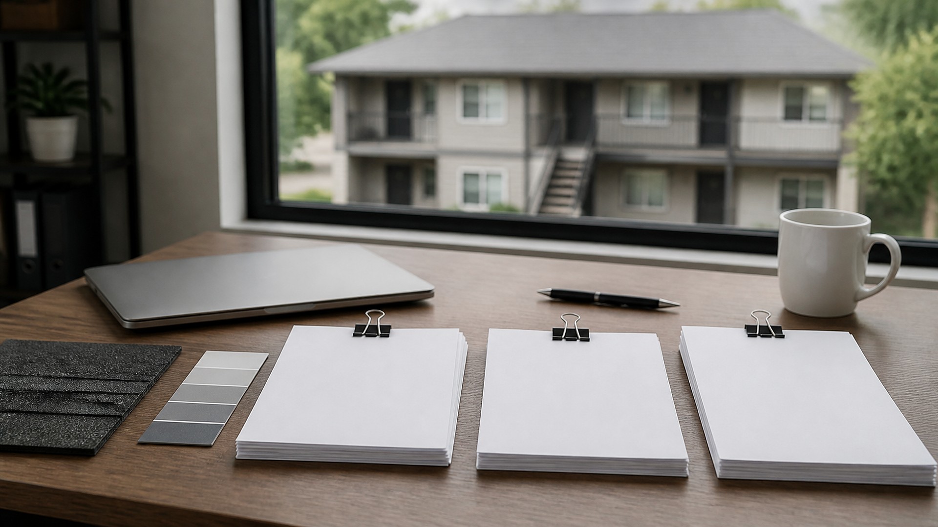 Property management office desk by a window in soft daylight: three stacks of blank white paper side by side, each held with a black binder clip, a dark roofing shingle sample, a gray paint swatch strip with no text, a closed silver laptop, a black pen, and a white mug; through the window, a blurred two-story residential apartment building; no people, no logos, no readable text