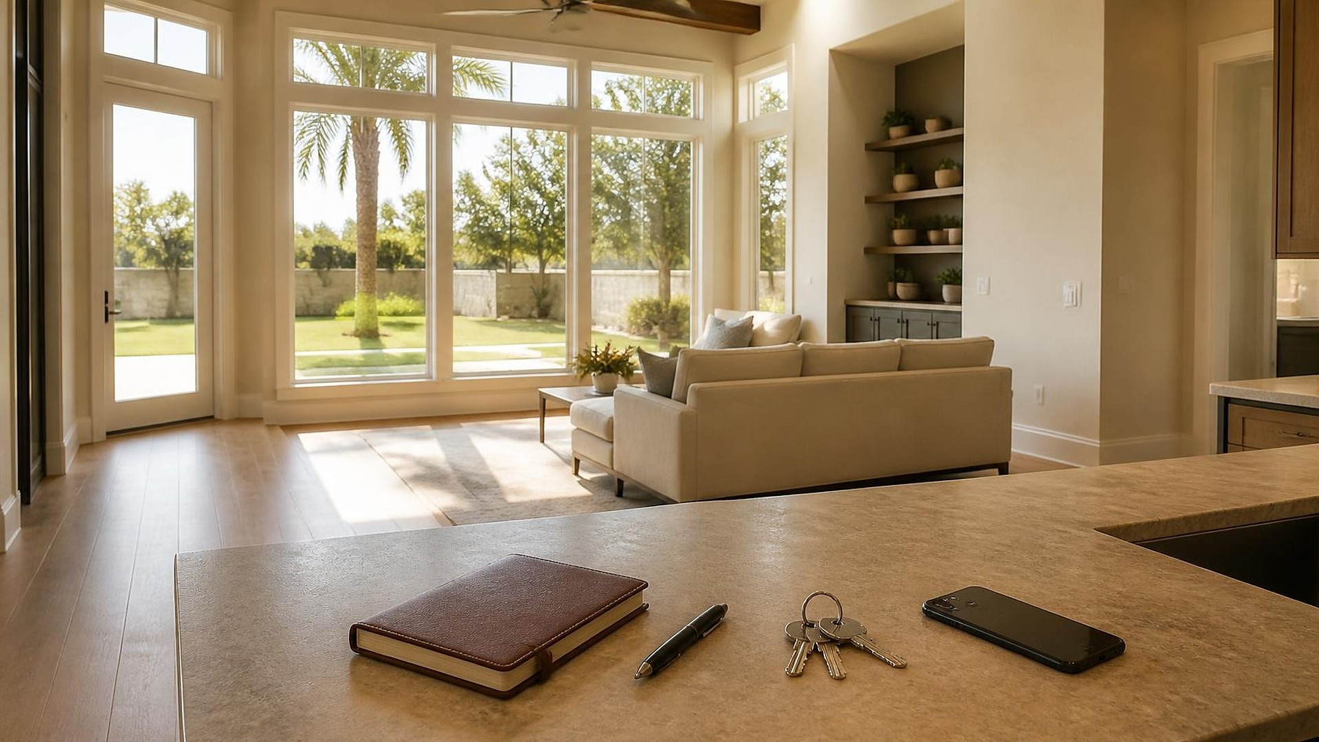 Sala luminosa y vacía de una casa en venta con luz cálida de media tarde: ventanales altos con vista a una palmera y un jardín verde, pisos de madera clara, un sofá de tono neutro y repisas empotradas con plantas pequeñas; en primer plano, una isla de cocina de piedra con una libreta de piel café cerrada, una pluma negra, un llavero con llaves de casa y un teléfono boca abajo; sin personas, sin logos, sin texto legible