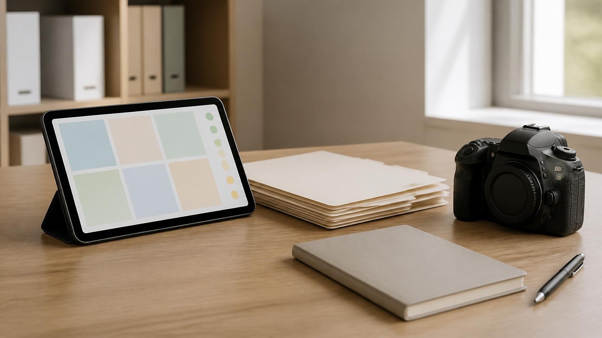 Tidy real estate brokerage desk in soft window light: a tablet showing an abstract photo-grid of blank pastel tiles with a column of green and amber status dots and no readable text, a neat stack of blank manila folders, a closed gray notebook with a black pen, and an unbranded black camera body; soft-focus unlabeled binders on a wooden shelf behind; no people, no logos, no readable text