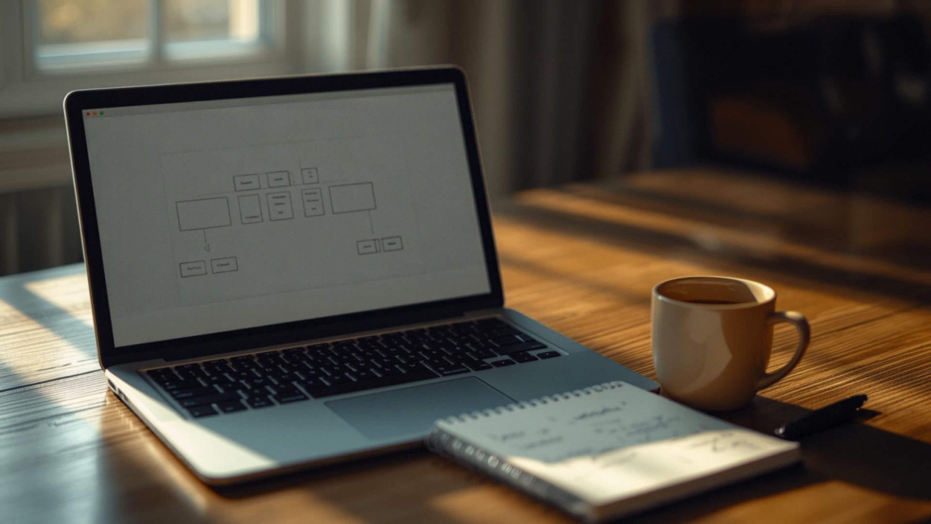 Escritorio de madera cálido con una laptop abierta mostrando un diagrama simple de rutas URL, cuaderno espiral con columnas de mapeo a mano, pluma negra y taza de café en luz suave de mañana