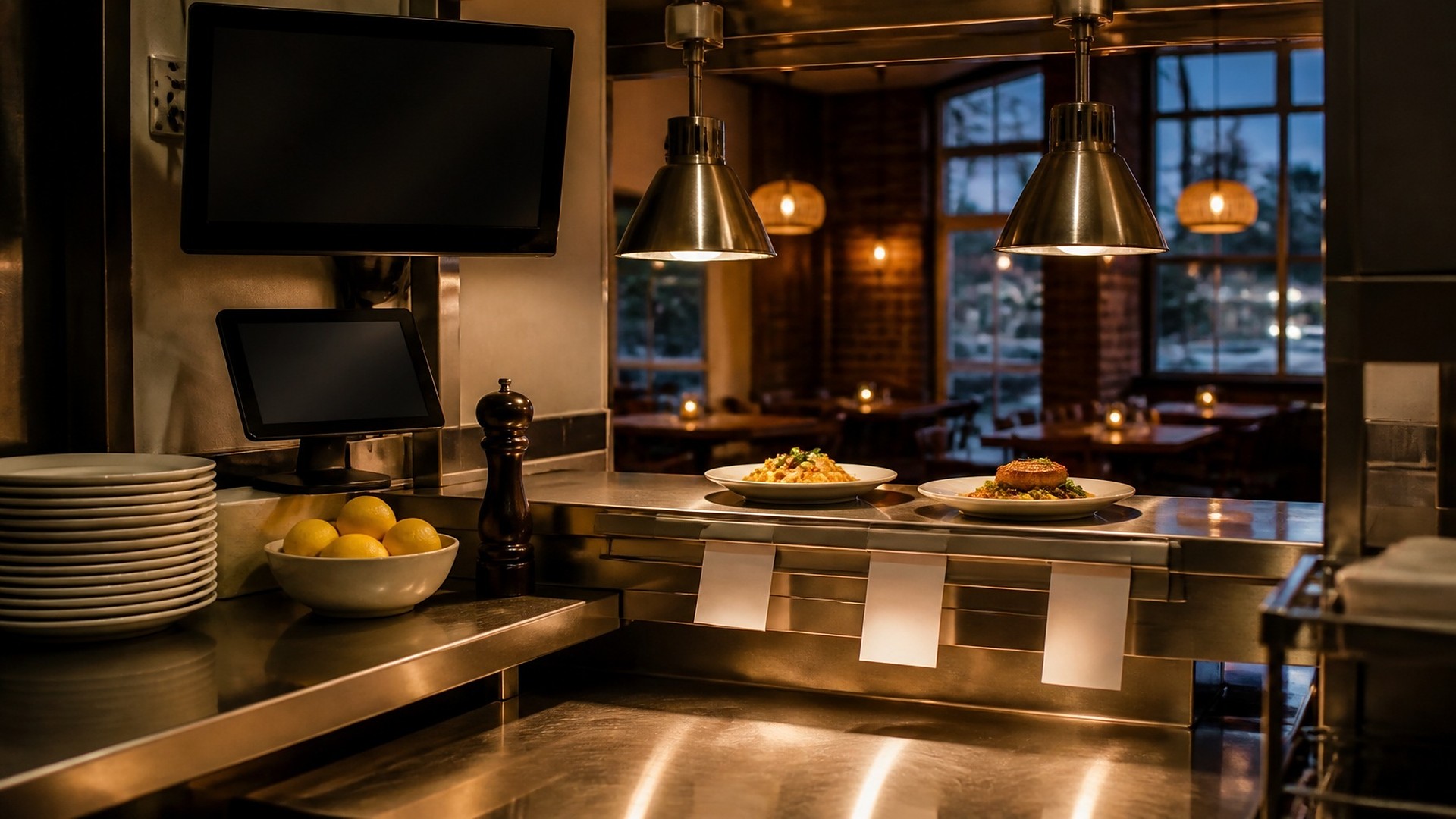Restaurant kitchen pass at dusk: a stainless steel counter under two brass heat lamps with two plated dishes, three blank white order tickets clipped to the ticket rail, a wall-mounted display and a small tablet on a stand, both with dark screens, a bowl of lemons, a wooden pepper mill and a stack of white plates; beyond the pass, an empty dining room with brick walls, warm pendant lights, candlelit tables and tall windows at dusk; no people, no logos, no readable text