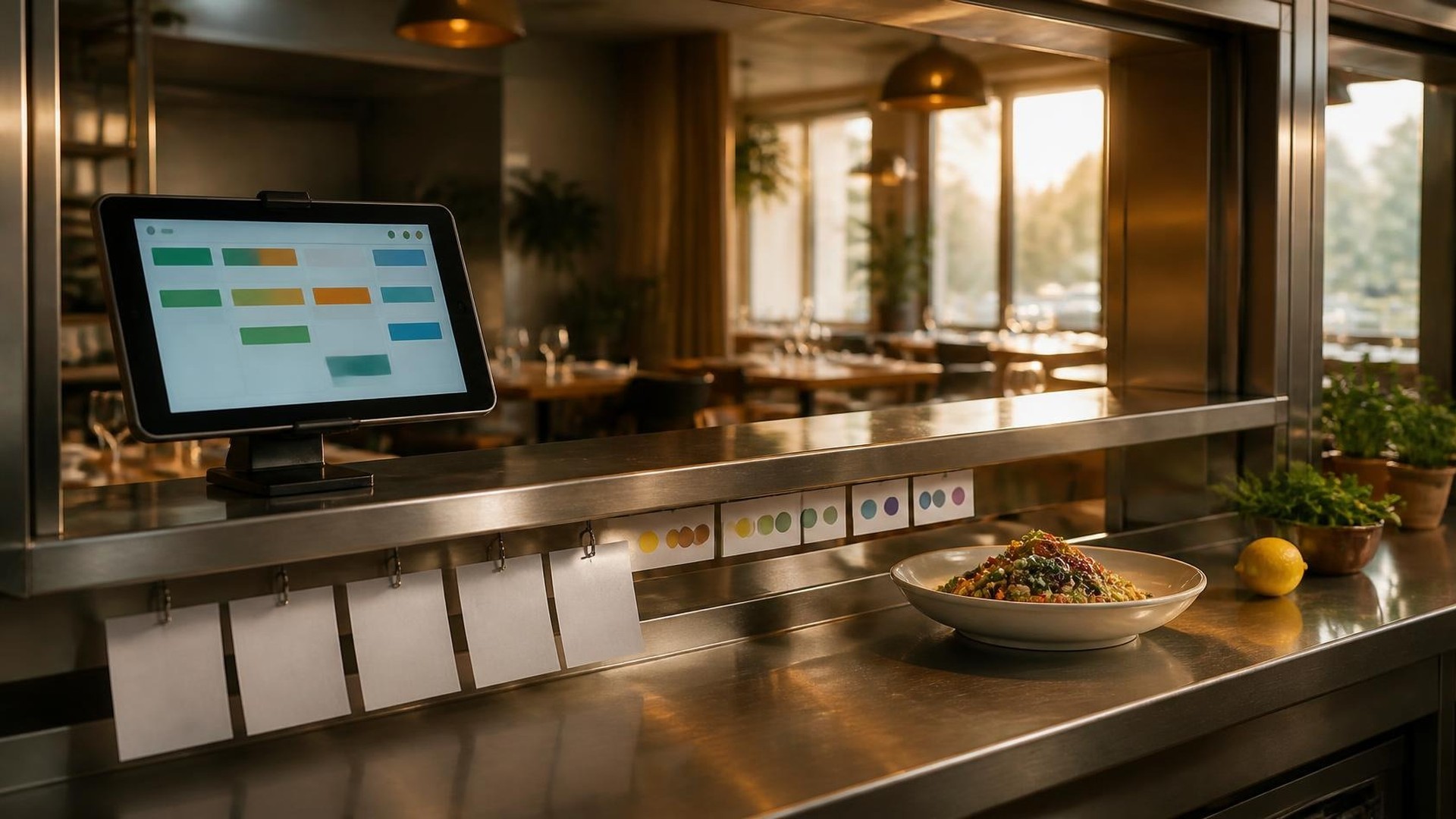 Stainless steel restaurant kitchen pass in warm late-afternoon light with a tablet on a stand showing abstract colored blocks, a rail of blank white ticket slips, small cards with colored dots, a grain bowl, a lemon, and potted herbs; a softly blurred dining room with wooden tables and pendant lights behind; no people, no logos, no readable text