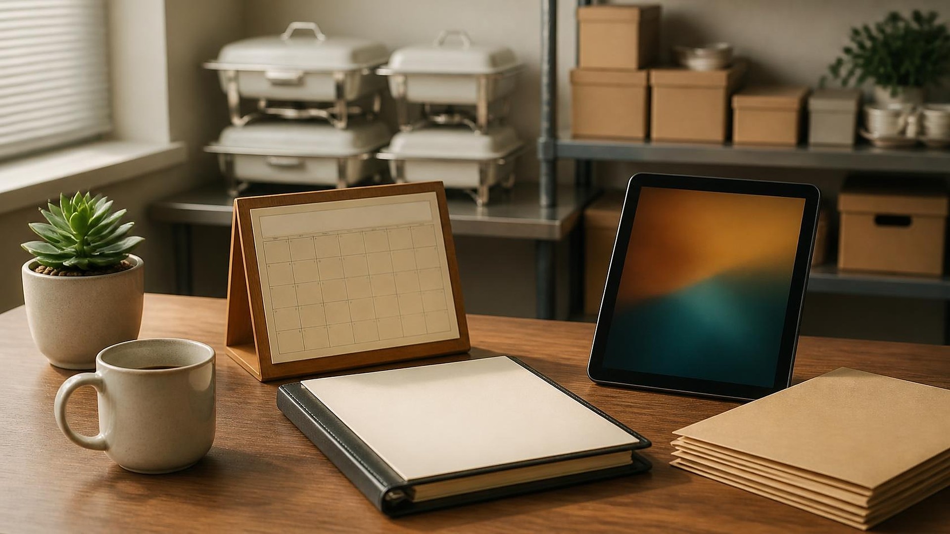 Escritorio vacío de oficina trasera de un restaurante con luz de tarde: calendario de madera en blanco con rejillas vacías, carpeta de catering cerrada color crema, pila de sobres kraft en blanco, taza de café de cerámica y suculenta, y una tableta que muestra solo bloques abstractos ámbar y verde azulado; al fondo chaferes de acero y cajas kraft desenfocados; sin personas, sin logos, sin texto legible
