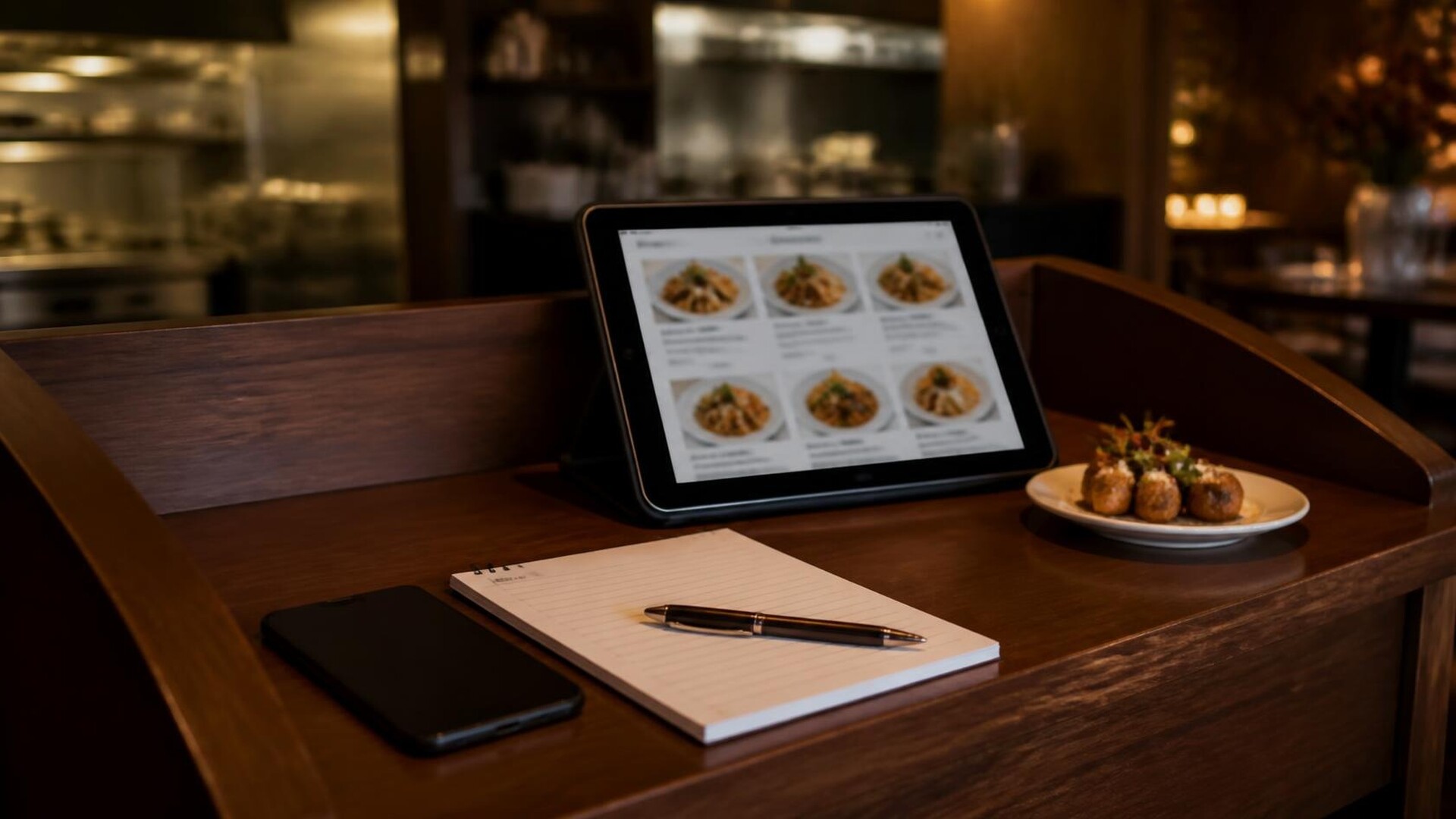 Empty restaurant host stand in warm evening light, with a tablet showing a photo menu, a blank notepad and pen, a face-down phone, and a small plated appetizer; kitchen softly out of focus, no people