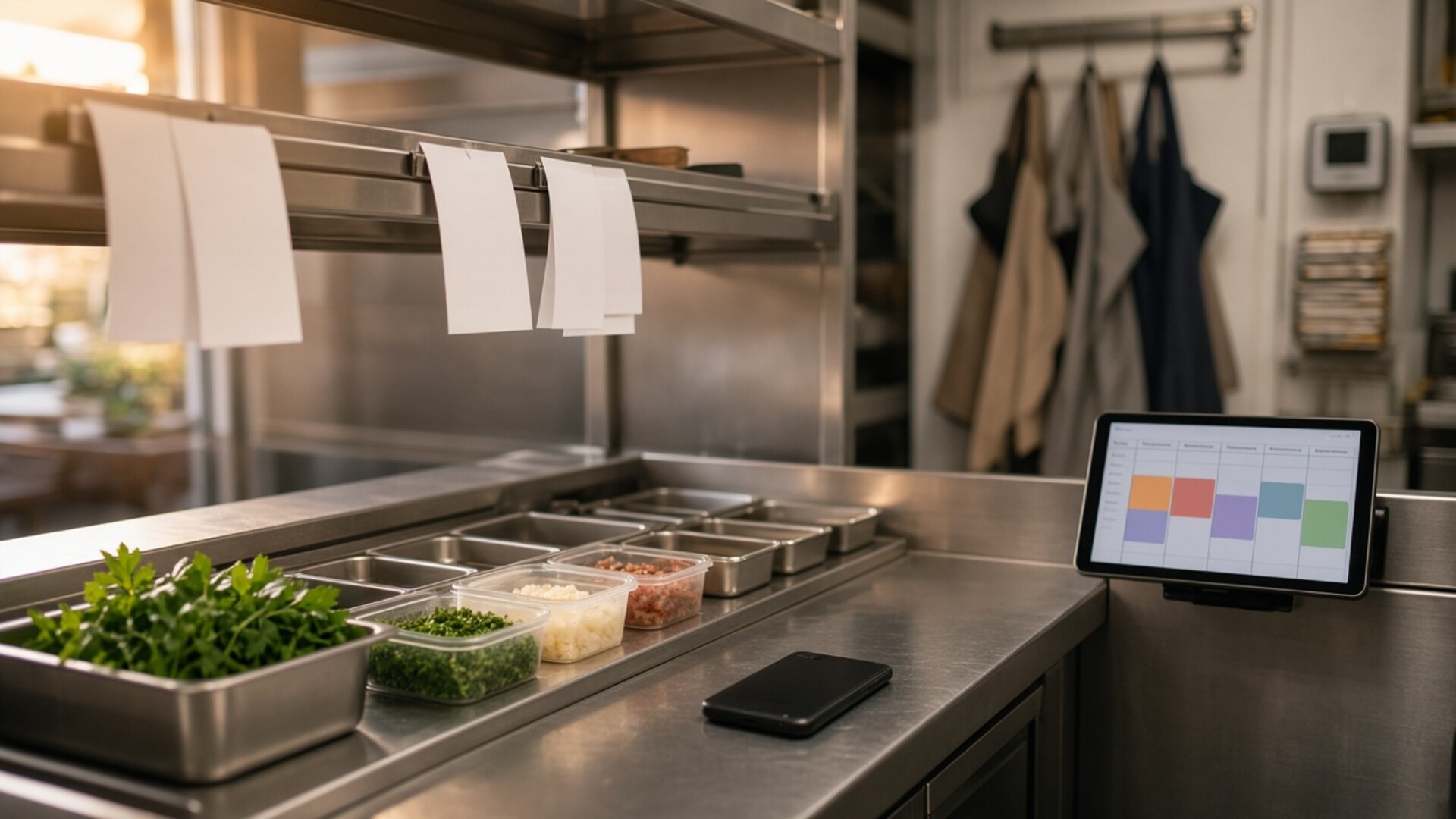 Back-of-house prep line in a small restaurant kitchen in warm light, with stainless steel pans of chopped herbs and prepped ingredients, blank paper tickets on the ticket rail, a smartphone face-down on the counter, aprons on wall hooks, and a wall-mounted tablet showing a color-blocked weekly grid; no people, no readable text