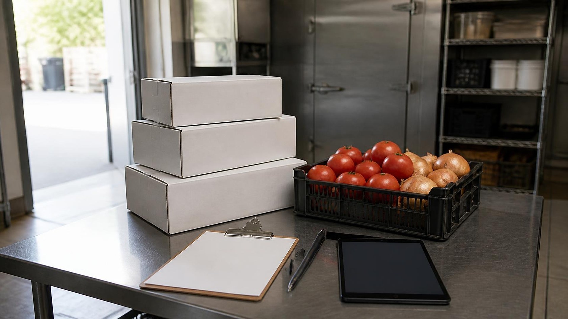 Restaurant back-of-house receiving area in morning daylight: a stainless steel prep table holding three stacked plain white unmarked cardboard boxes, a black crate of fresh tomatoes and onions, a clipboard with a blank white sheet, a black pen, and a dark tablet with a blank screen; an open back door, steel shelving with plain containers, and a walk-in cooler door softly out of focus behind; no people, no logos, no readable text