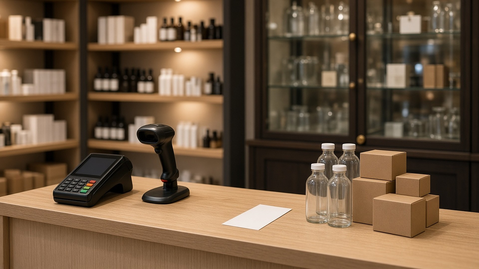 Mostrador de caja de madera clara en una tienda pequeña con luz cálida: una terminal de pago negra con la pantalla en blanco, un lector de código de barras negro en su base, un recibo blanco en blanco, cuatro botellas transparentes sin etiqueta y una pila de cajas de cartón lisas; al fondo, desenfocados, estantes con productos sin etiqueta y una vitrina de madera oscura con puertas de vidrio; sin personas, sin logos, sin texto legible