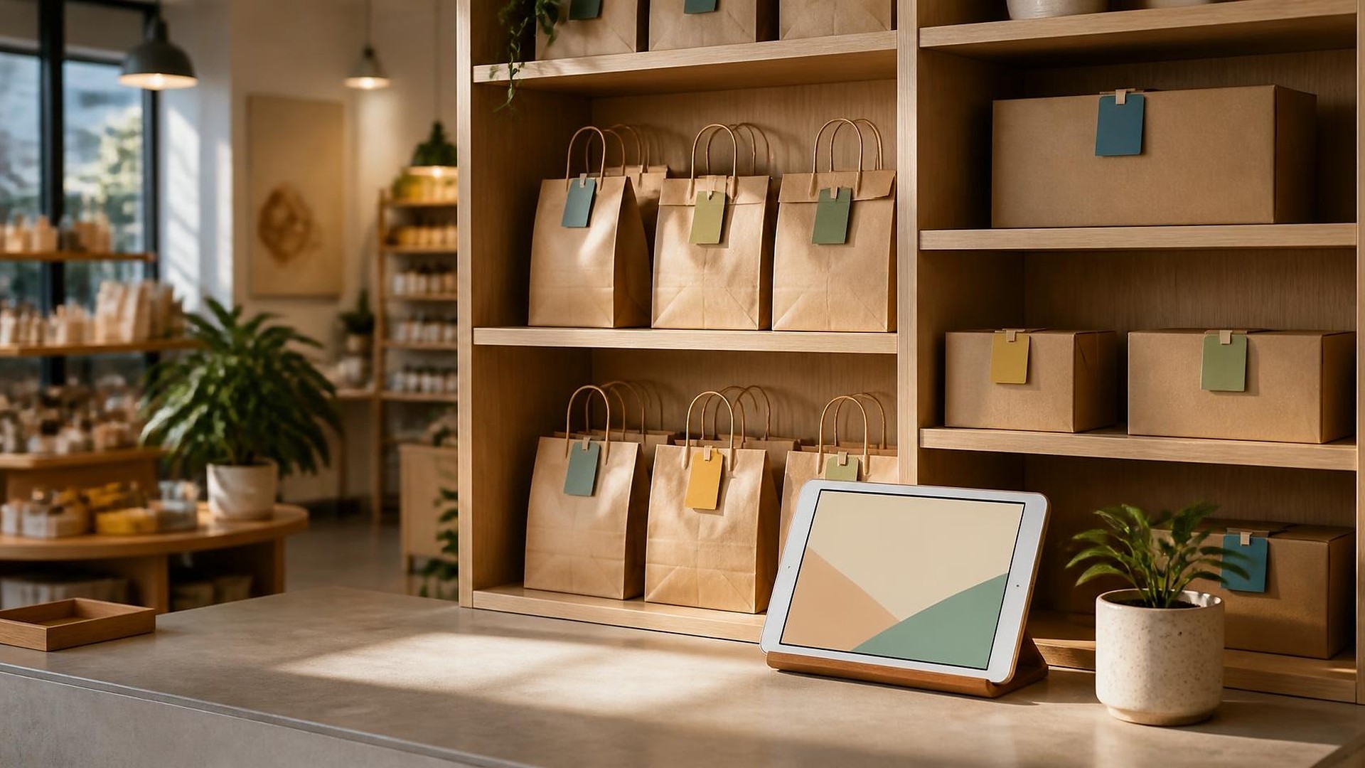 Área de recolección de una tienda especializada con luz cálida de mañana: estantería de madera clara con bolsas de papel kraft y cajas de cartón lisas bien acomodadas, cada una con una pequeña etiqueta de color en blanco (verde azulado, ámbar o verde salvia); mostrador de piedra ordenado con una tableta en soporte de madera que muestra solo bloques abstractos de color suave y una planta pequeña en maceta; al fondo, estantes de la tienda y una planta grande desenfocados; sin personas, sin logos, sin texto legible