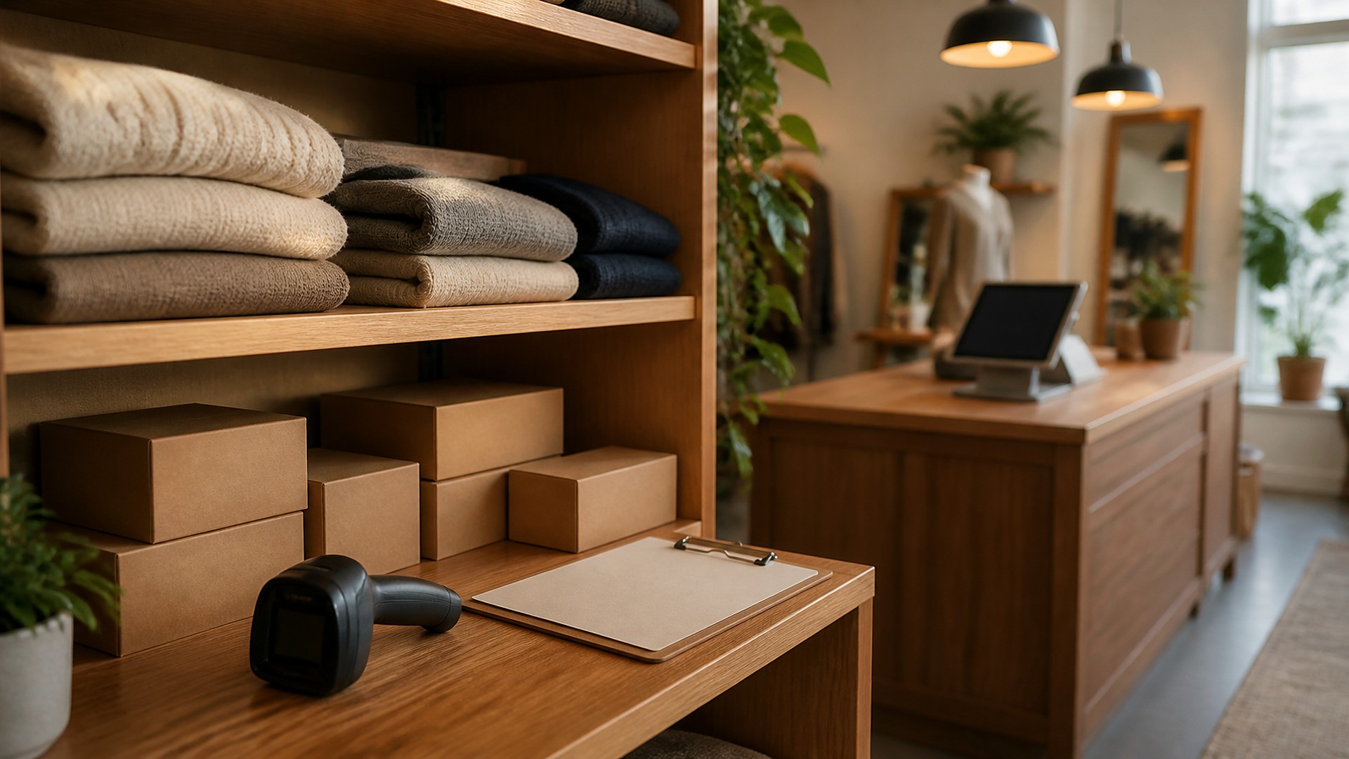 Small boutique side aisle in warm morning light before opening: a light oak shelf with neatly folded sweaters in cream, gray, and navy, plain unlabeled kraft boxes on the lower shelf, a black handheld barcode scanner with a dark blank screen and a blank clipboard on the shelf ledge; in the blurred background, a wooden checkout counter with a tablet stand showing a dark blank screen, black pendant lights, a headless display mannequin, mirrors, and potted plants by a window; no people, no logos, no signage, no readable text