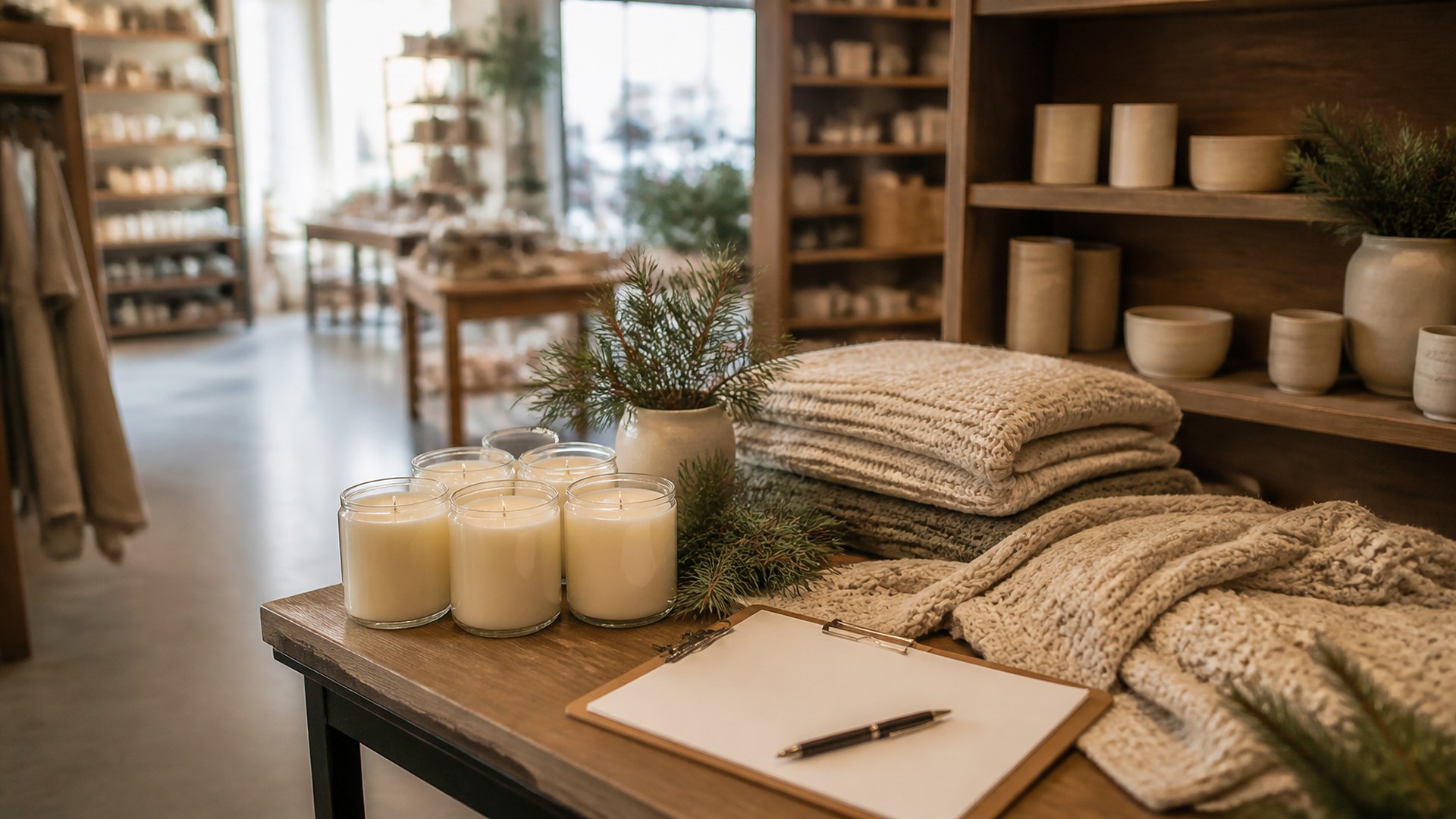 Pequeña tienda de regalos y artículos para el hogar antes de abrir, con luz suave de la mañana: una mesa de exhibición de madera con velas color crema sin etiqueta en frascos de vidrio, ramas de pino en un jarrón blanco, mantas tejidas color avena apiladas y una tabla sujetapapeles con una hoja blanca en blanco y una pluma negra; al fondo, jarrones y tazones de cerámica lisos en repisas de madera y un piso de venta vacío y desenfocado; sin personas, sin logos, sin texto legible