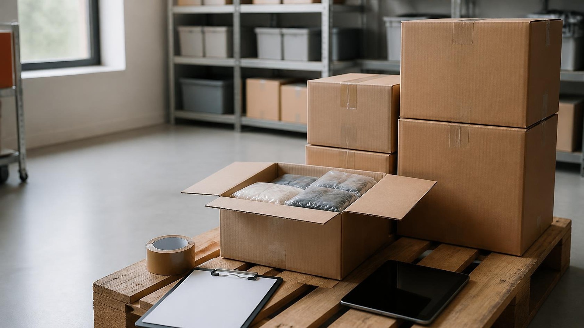 Bright small-store stockroom with gray floor and window light: plain brown cardboard boxes stacked on a wooden pallet, one open box holding plastic-wrapped unbranded items, a roll of brown packing tape, a black clipboard with blank white paper, a tablet with a dark blank screen, and metal shelving with unlabeled gray bins blurred behind; no people, no logos, no readable text