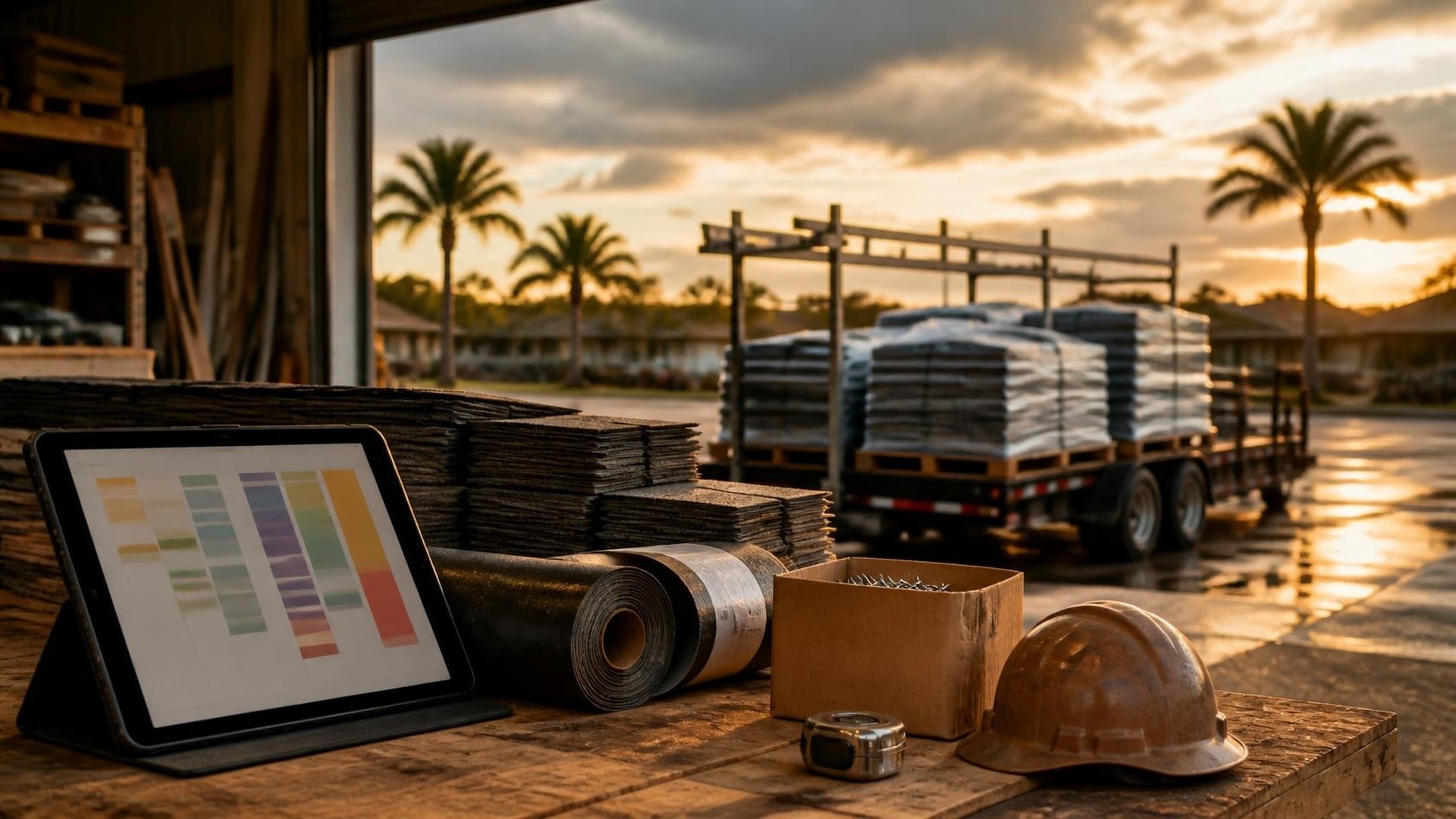 Roofing contractor yard at golden hour under clearing storm clouds: on a weathered wooden workbench, a tablet on a stand showing abstract columns of colored blocks, stacked shingle bundles, rolls of underlayment, a box of roofing nails, a tape measure, and a hard hat; behind, through an open bay door, a flatbed trailer loaded with wrapped shingle pallets on wet pavement with palm trees; no people, no logos, no readable text