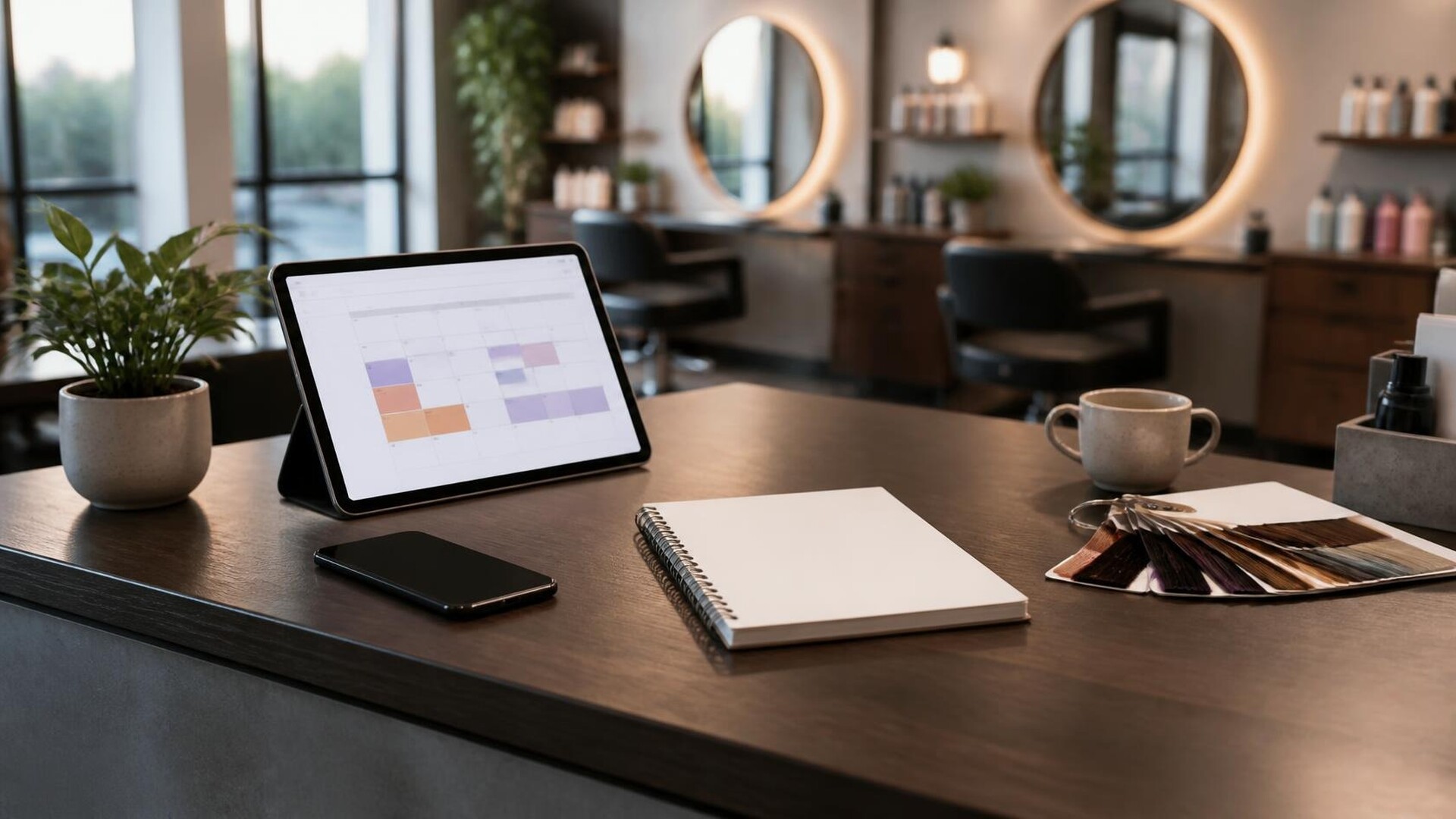Empty hair salon reception desk in soft daylight, with a tablet showing a color-blocked appointment calendar, a face-down phone, a blank notebook, hair color swatches, a coffee mug, and a small plant; styling chairs and round mirrors behind, no people