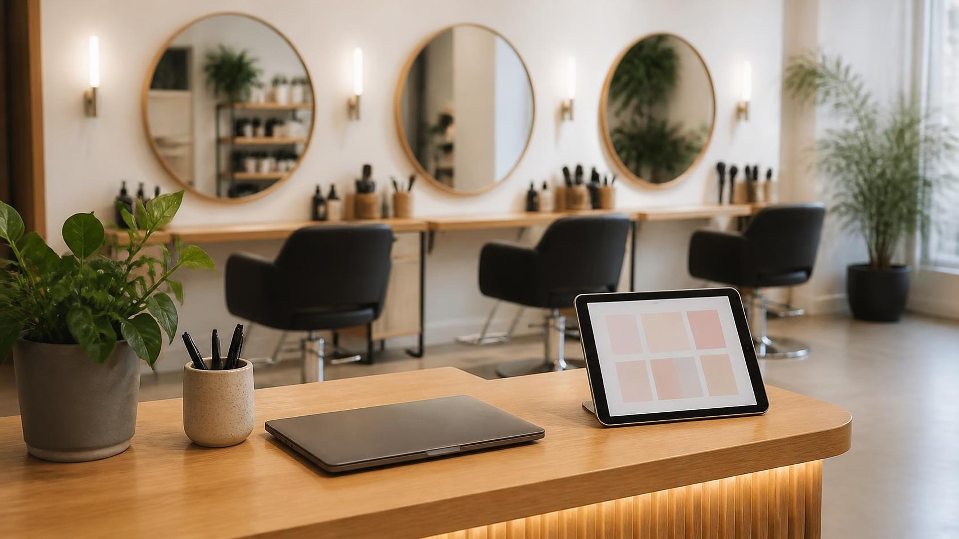 Salón de belleza moderno, vacío y luminoso antes de abrir: tres estaciones con espejos redondos de marco de madera, lámparas de pared, sillas negras de salón y charolas con cepillos y botellas de producto sin etiqueta; en primer plano, un mostrador de recepción de madera clara con una laptop cerrada, una tableta en su base con bloques abstractos color rosa pálido, una taza de cerámica con plumas y una planta verde en maceta; plantas altas y una ventana borrosas al fondo; sin personas, sin logos, sin texto legible