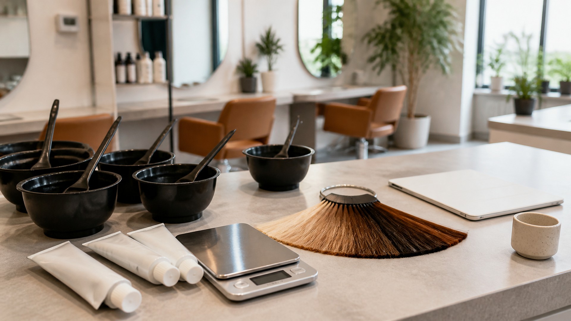 Barra de color de un salón de belleza con luz natural suave: cinco tazones negros para mezclar con brochas de tinte, tres tubos de color blancos sin etiqueta, una báscula digital de acero inoxidable con la pantalla en blanco, un abanico de mechones de muestra de color de cabello del rubio al cobrizo, castaño y negro, una tablet blanca cerrada y una tacita de cerámica sobre una barra de piedra clara; al fondo, el salón desenfocado con sillas de estilismo color camello, espejos redondos, plantas y repisas con botellas lisas; sin personas, sin logos, sin texto legible