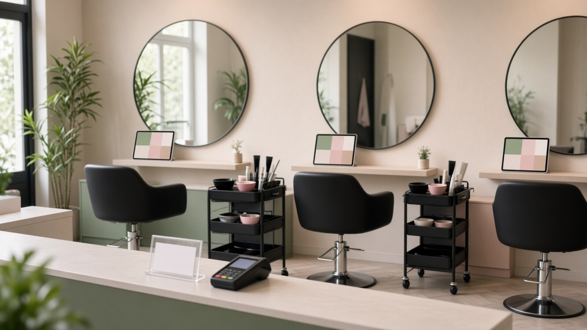 Bright modern hair salon with three styling stations, round mirrors, black salon chairs, and rolling carts of brushes and color bowls; each station has a small tablet showing the same color-blocked layout, and the reception counter in front holds a blank card stand and a card terminal; no people, no readable text