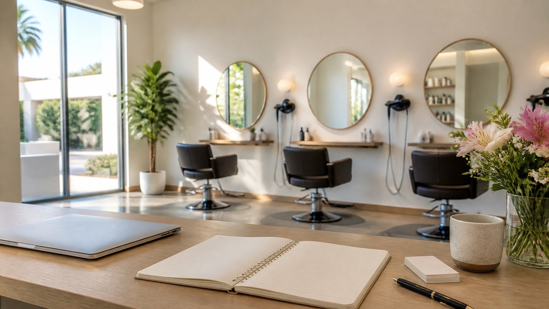 Bright modern hair salon front desk in the morning: a light wood counter with a closed laptop, an open spiral notebook with blank lined pages, a small stack of blank white cards, a black pen, a speckled ceramic cup and a vase of pink and white lilies; behind it, three empty black styling chairs facing round mirrors, hair dryers on wall hooks, a potted plant and tall windows with daylight and a palm tree outside; no people, no logos, no readable text