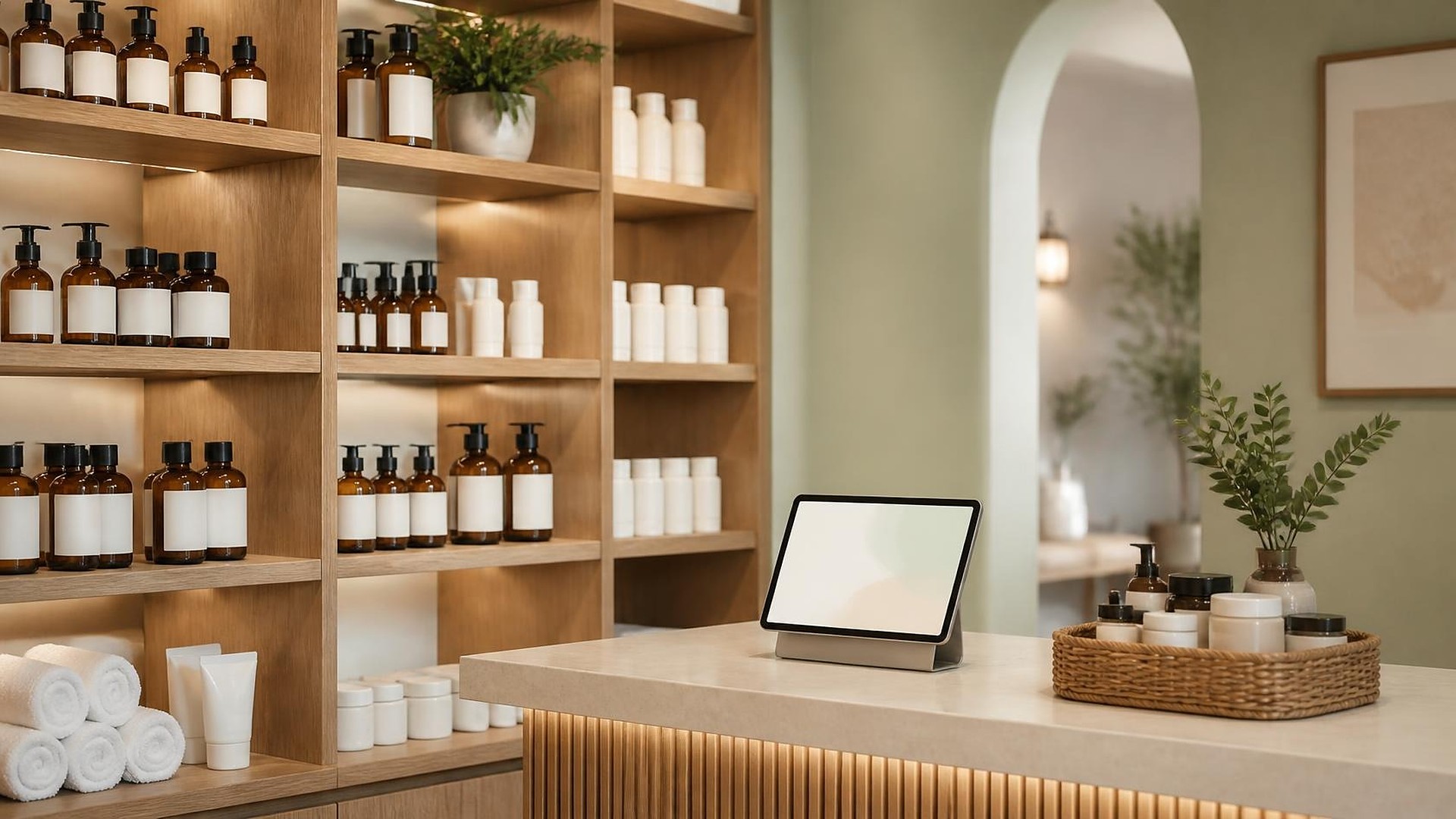 Rincón de venta en la recepción de un day spa con luz cálida: estantes de roble claro con botellas y frascos ámbar y blancos con etiquetas en blanco, toallas blancas enrolladas y tubos blancos lisos en el estante inferior, y un mostrador con una tableta con la pantalla en blanco y una canasta de mimbre con frascos sin etiqueta junto a una pequeña planta; al fondo, pared verde salvia, un arco y un cuadro abstracto desenfocados; sin personas, sin logos, sin texto legible
