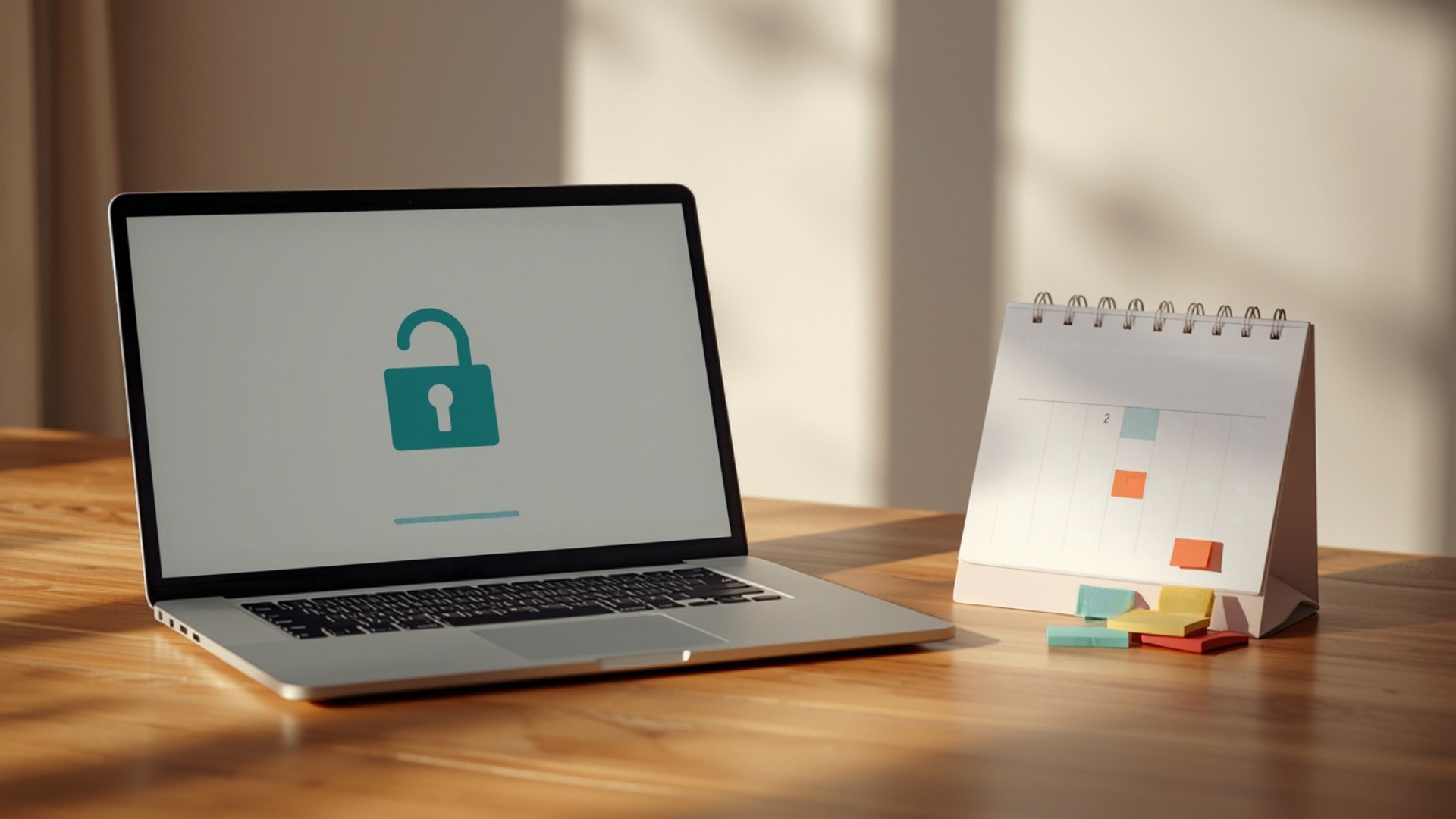 Warm wooden desk with an open laptop showing a soft teal padlock icon and a flip calendar with colorful sticky-note reminders