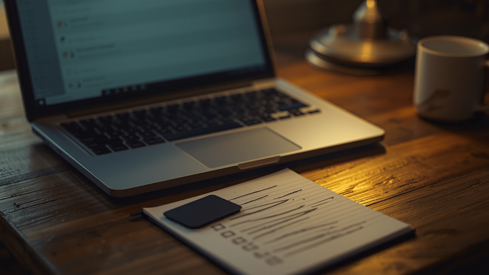 Warm office desk with laptop showing blurred account settings, a blank keycard, and a notepad checklist under soft lamp light