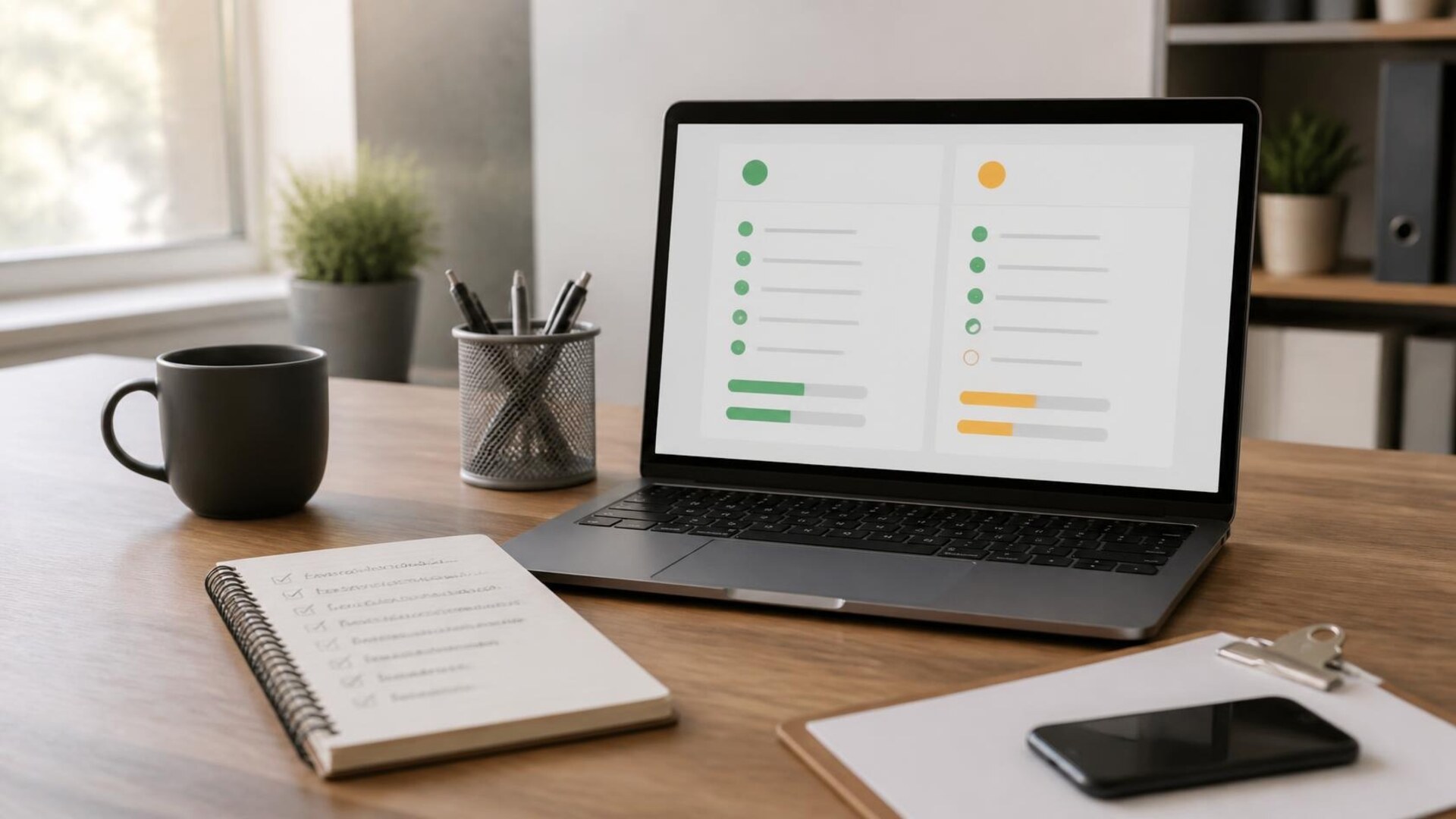 Clean modern small-business office desk with laptop showing a calm staging-versus-production website checklist with soft status indicators, spiral notebook with checkmarks, clipboard, face-down smartphone, pen cup, and coffee mug in soft morning window light