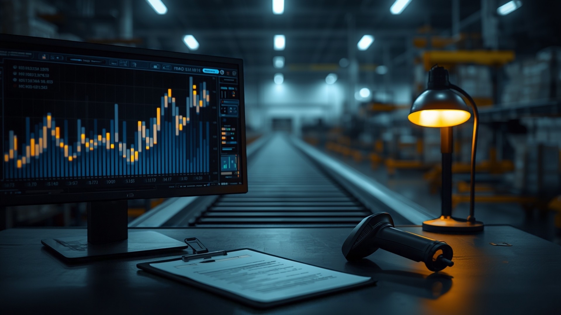 Estación de trabajo industrial con monitores duales mostrando flujos de data abstractos dentro de un almacén suavemente desenfocado