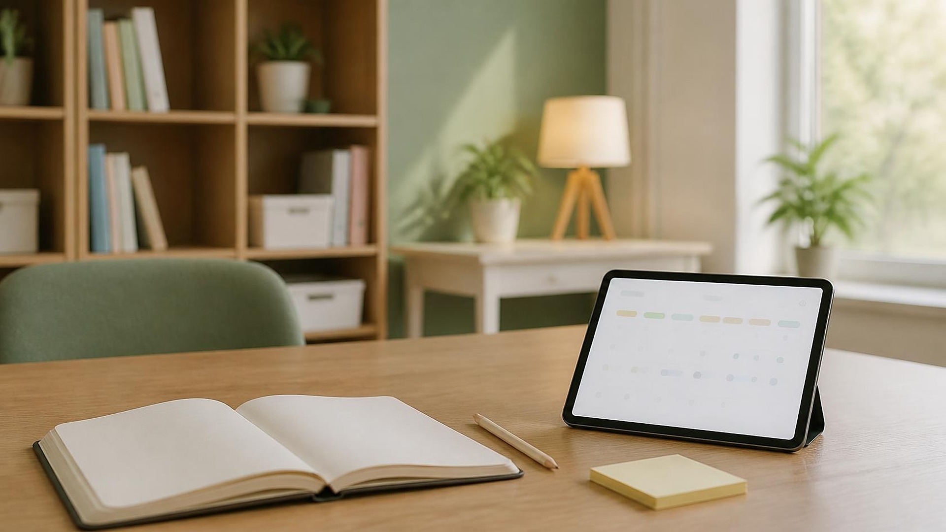 Escritorio tranquilo de un centro de tutoría con luz suave de ventana: cuaderno abierto en blanco, lápiz de madera, notas adhesivas amarillas en blanco y una tableta con solo barras abstractas de calendario y puntos de color sin texto legible; silla verde salvia, estantería y planta desenfocadas al fondo; sin personas, sin logos, sin texto legible