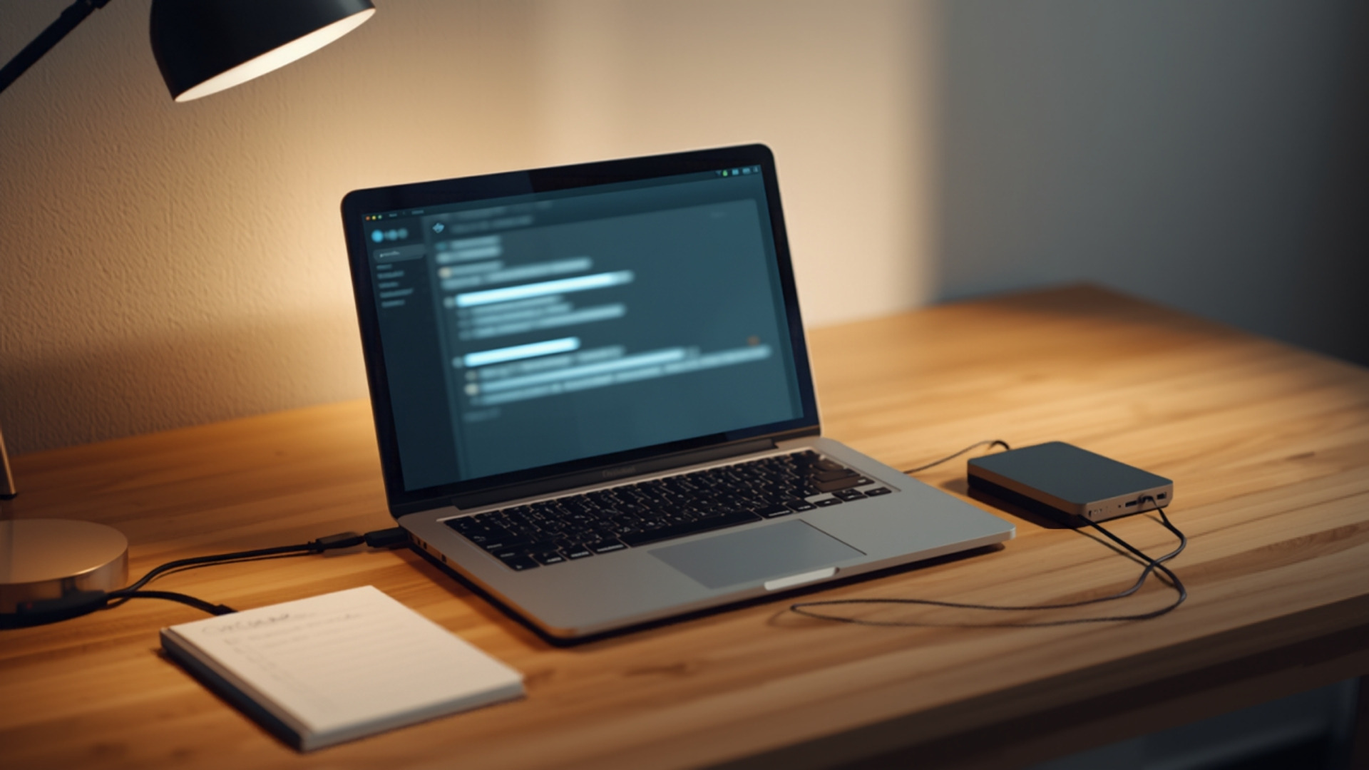 Escritorio limpio con laptop mostrando una interfaz borrosa de progreso de respaldo, un disco externo y un bloc de notas con lista bajo luz suave de lámpara