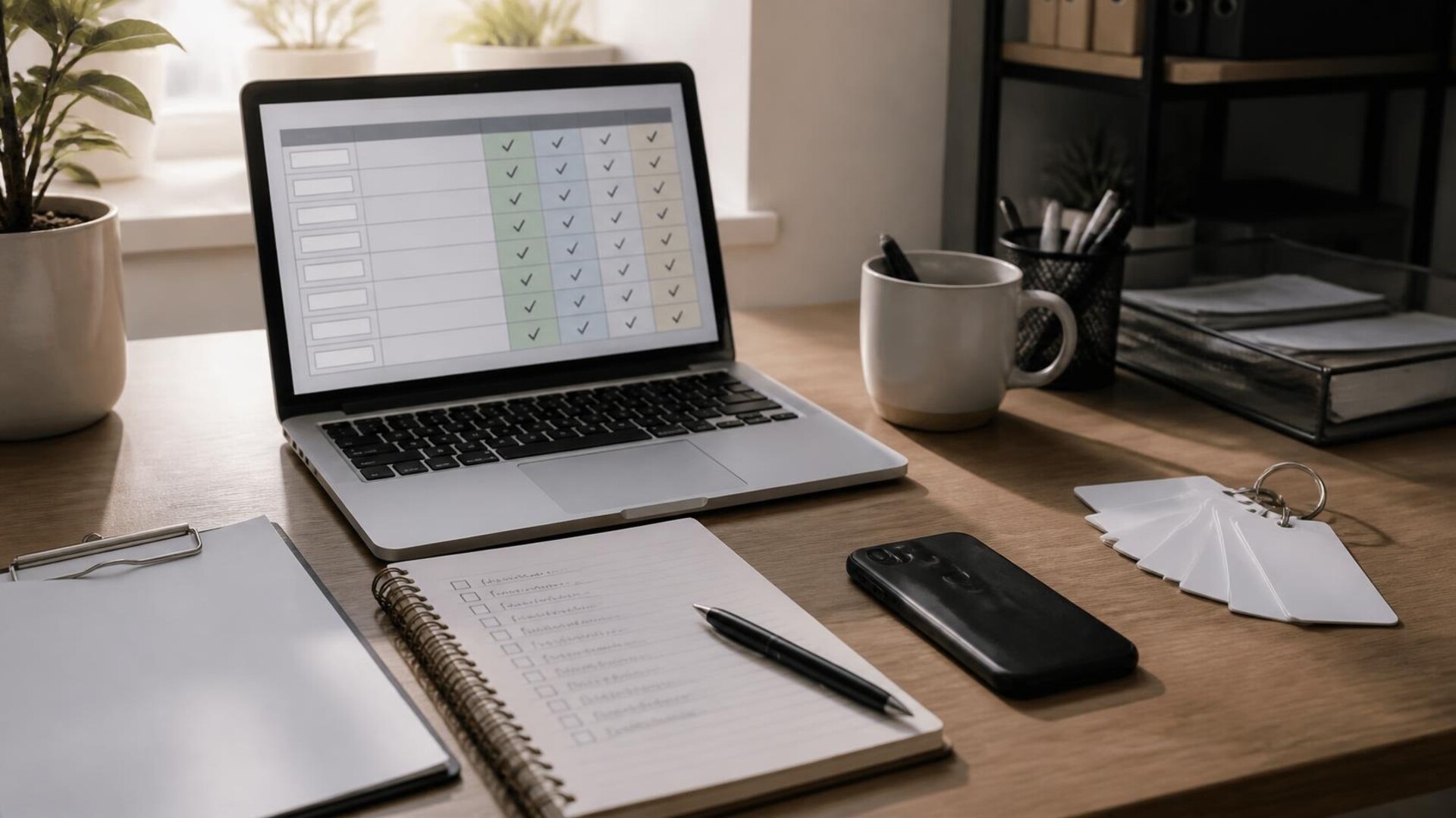 Clean modern small-business office desk with laptop showing an access inventory spreadsheet with checkmarks, spiral notebook checklist, clipboard, face-down smartphone, pen cup, and coffee mug in soft morning window light